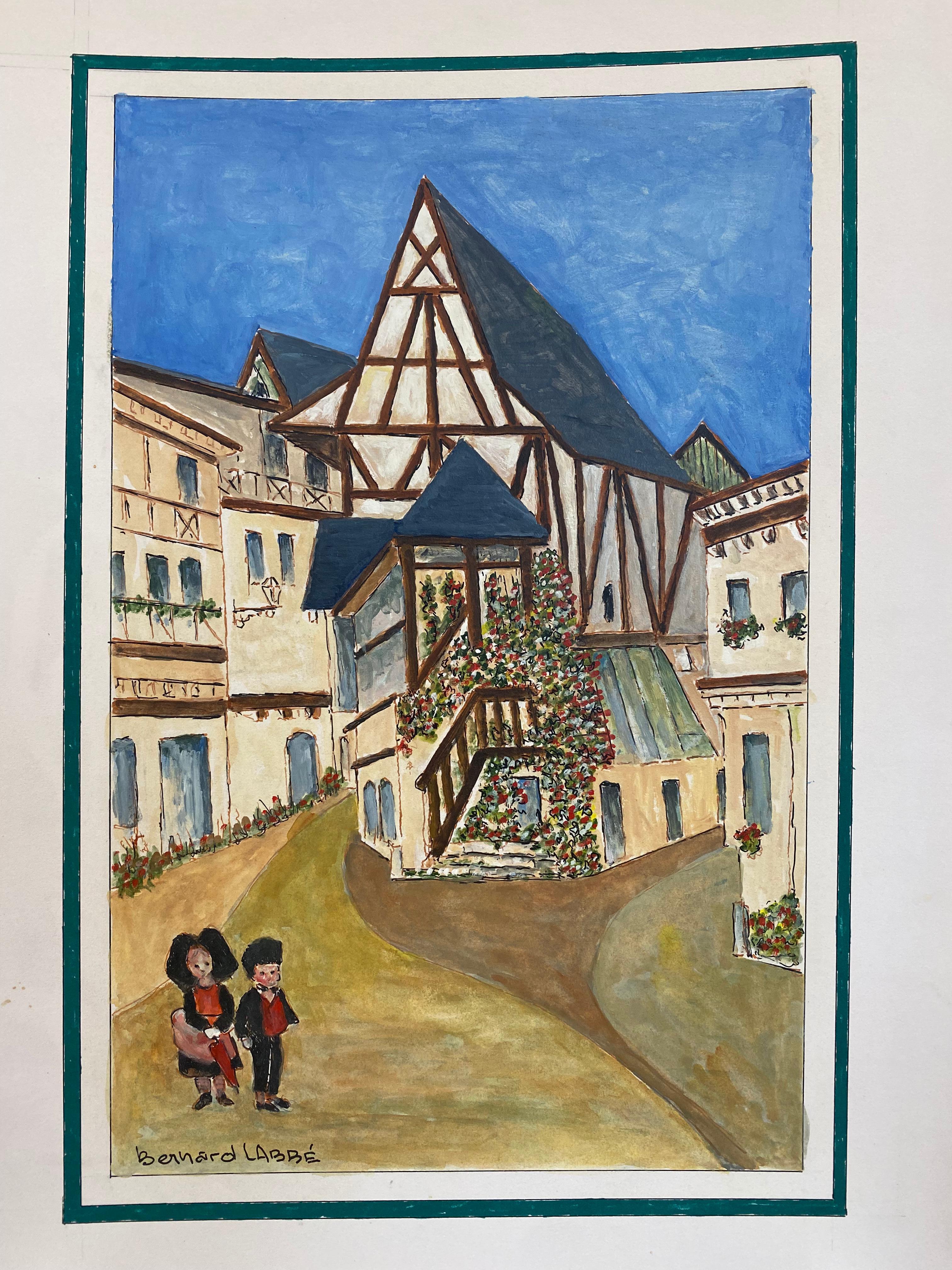 Bernard Labbe Landscape Painting – Französisches modernistisches/ kubistisches Gemälde der 1950er Jahre, 1950er Jahre, Schöne französische Stadt mit zwei Figuren