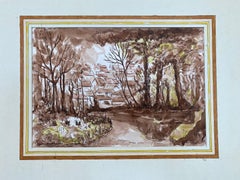 Pittura francese modernista/cubista degli anni '50 - Paesaggio francese autunnale marrone