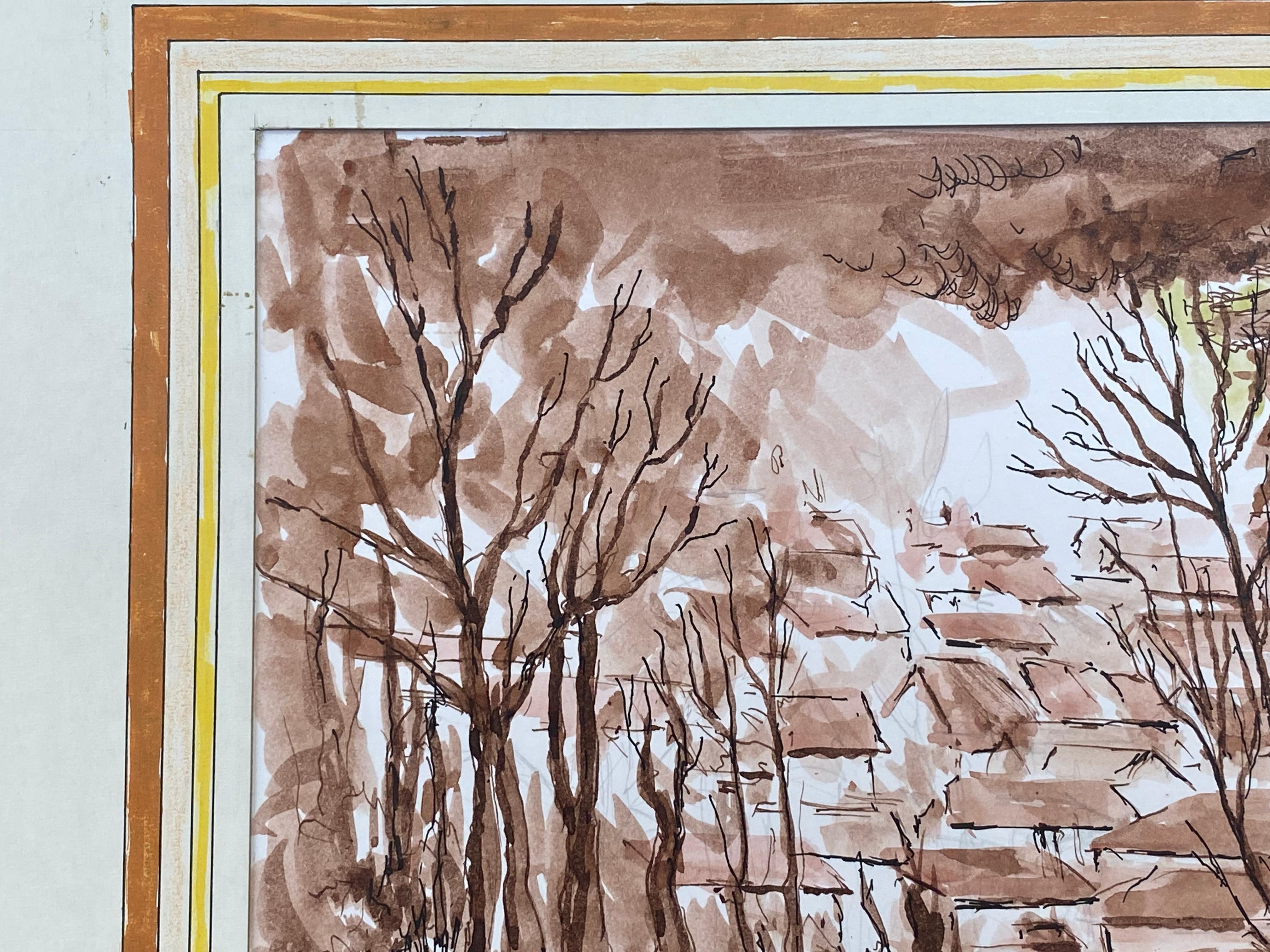 1950's French Modernist/ Cubist Painting - Brown Autumnal French Landscape  For Sale 2