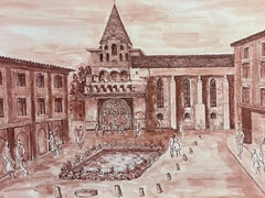 Pintura modernista/cubista francesa de los años 50 - Plaza de una ciudad francesa muy concurrida