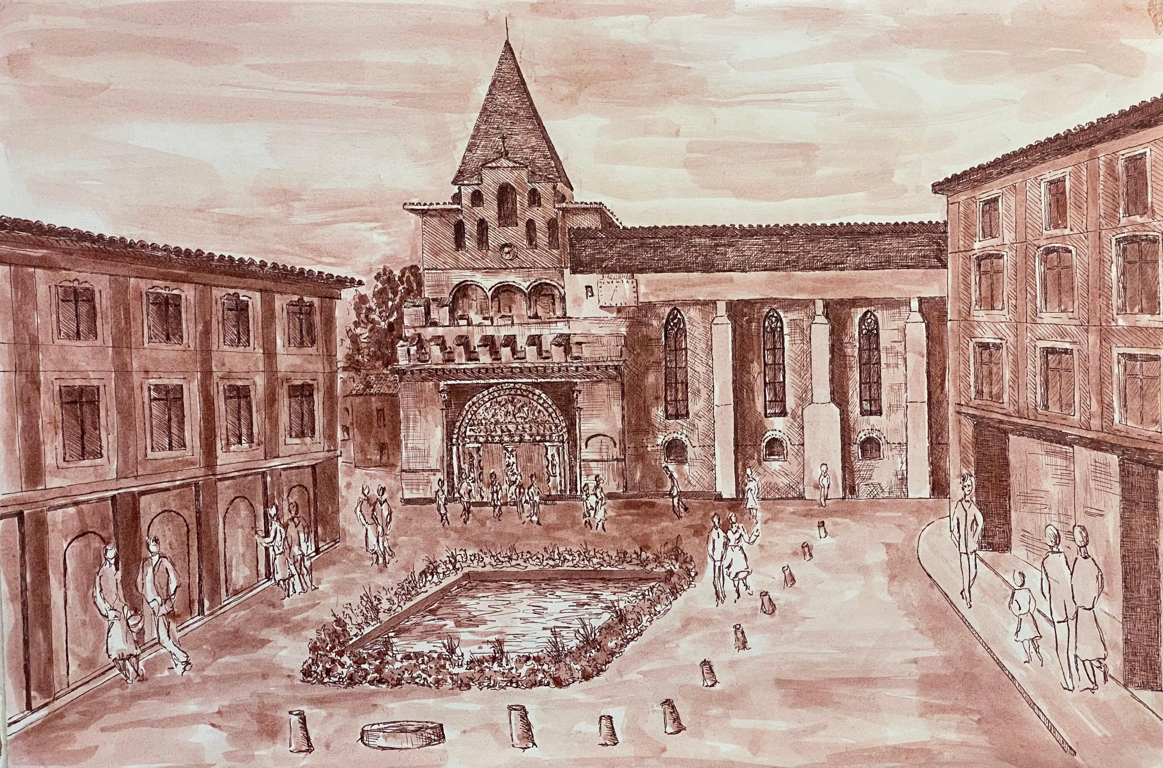 Quadro cubista/modernista francese degli anni '50 - Piazza della città francese affollata