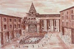 Quadro cubista/modernista francese degli anni '50 - Piazza della città francese affollata