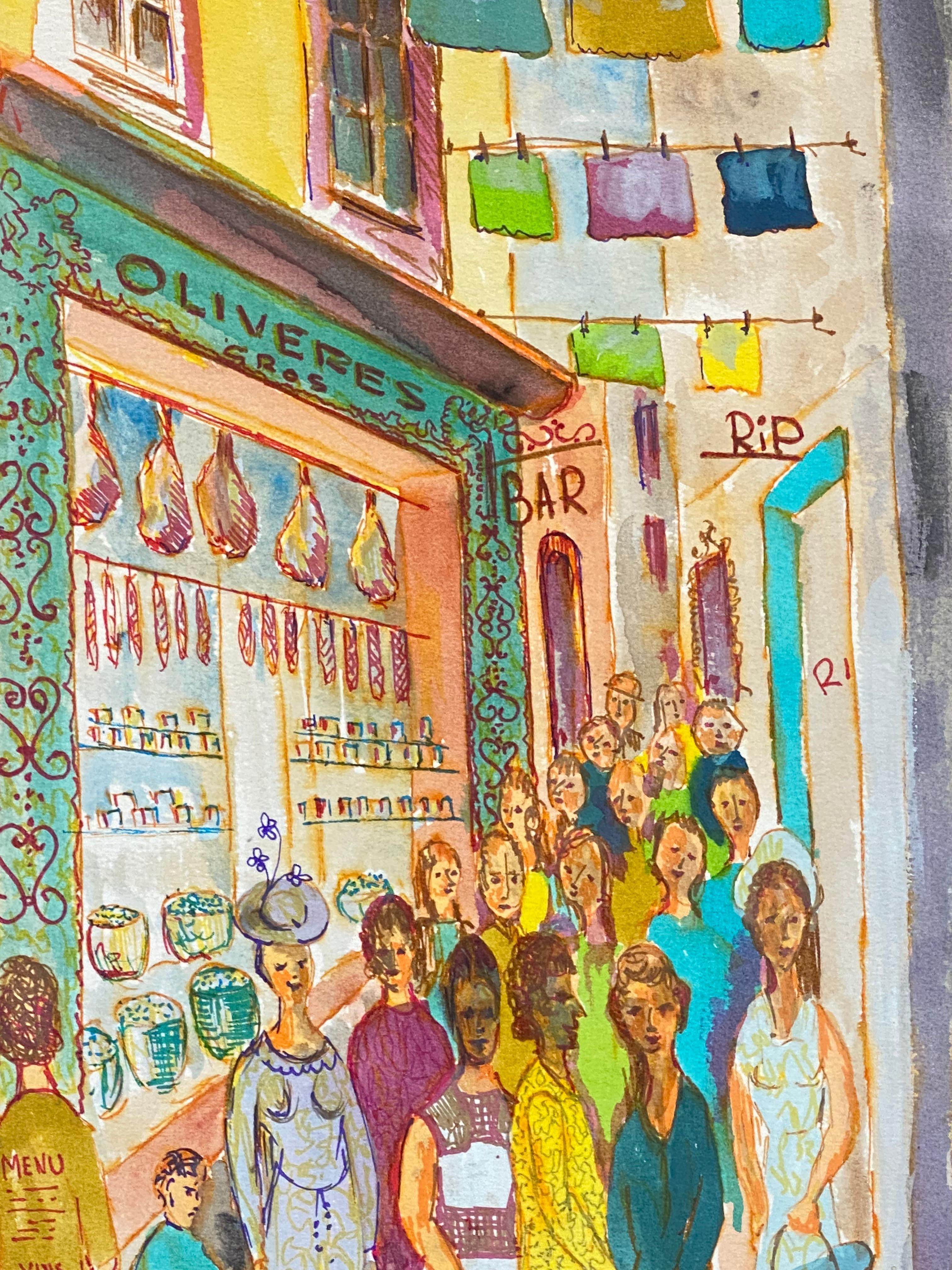 Quadro cubista/modernista francese degli anni '50 - Scena di strada colorata e trafficata - Art di Bernard Labbe