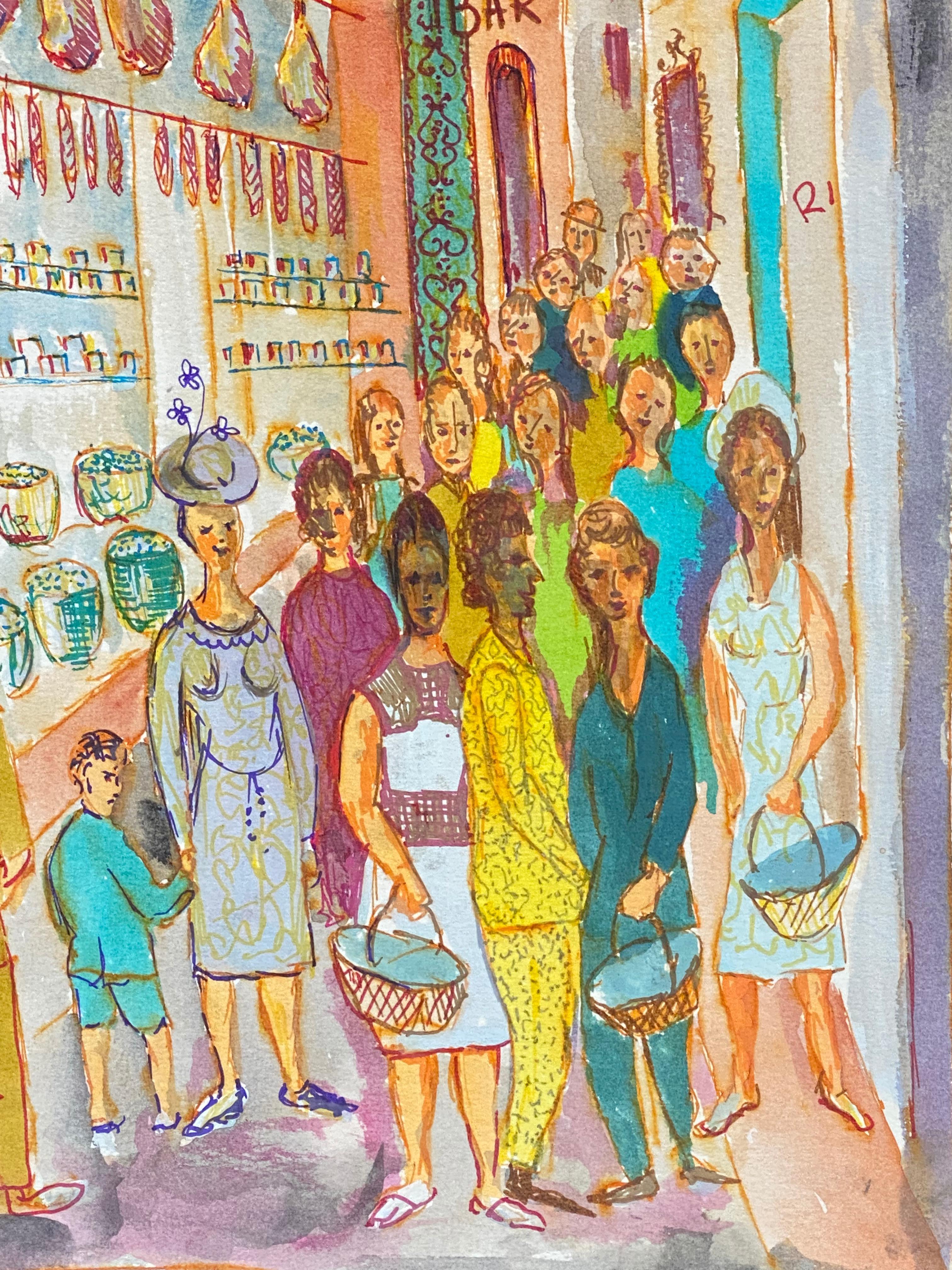 Französisches modernistisches/ kubistisches Gemälde der 1950er Jahre – bunte Busy Street Scene  (Moderne), Art, von Bernard Labbe