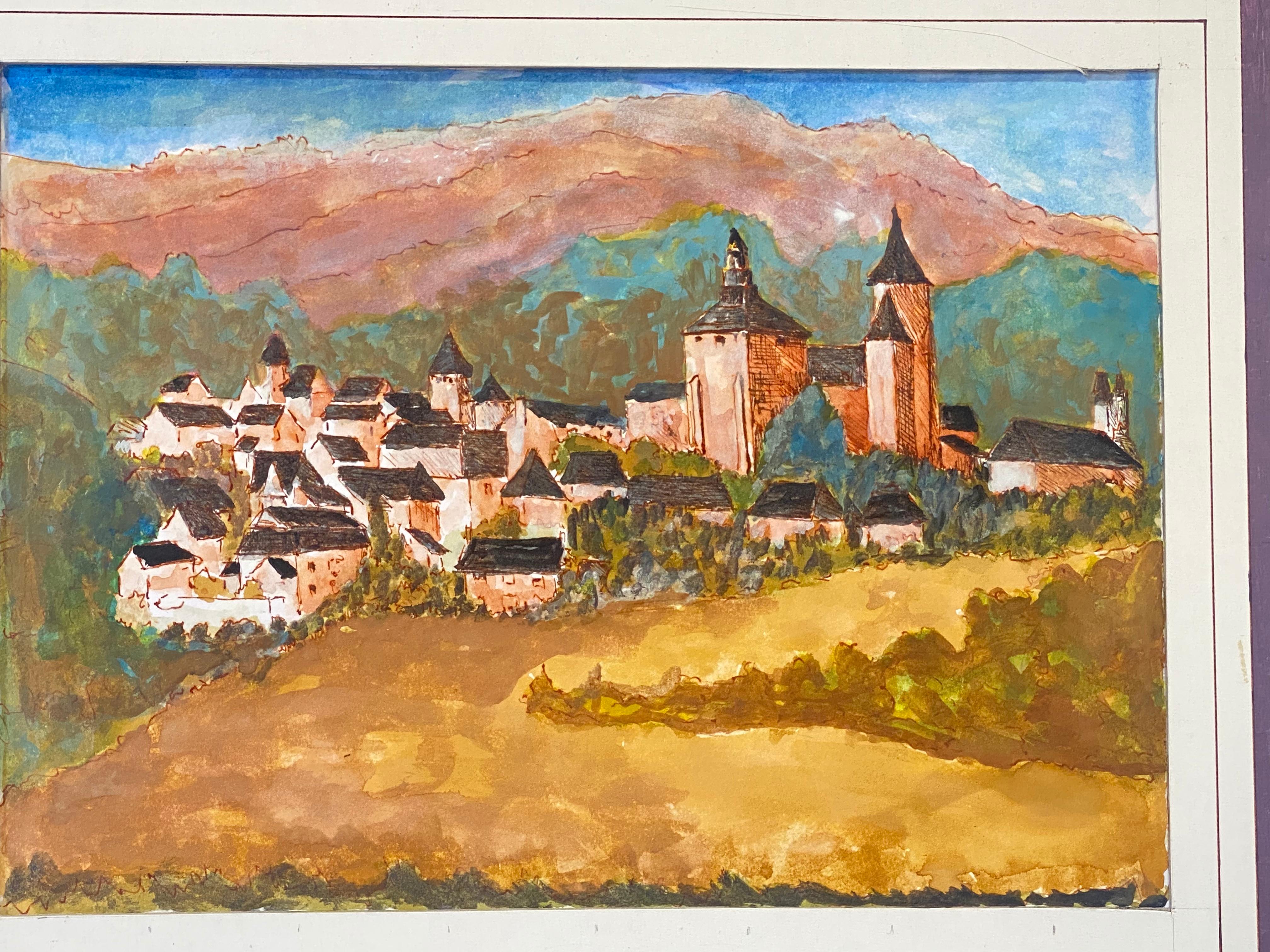 1950's French Modernist/ Cubist Painting - Colourful French Town Landscape - Art by Bernard Labbe
