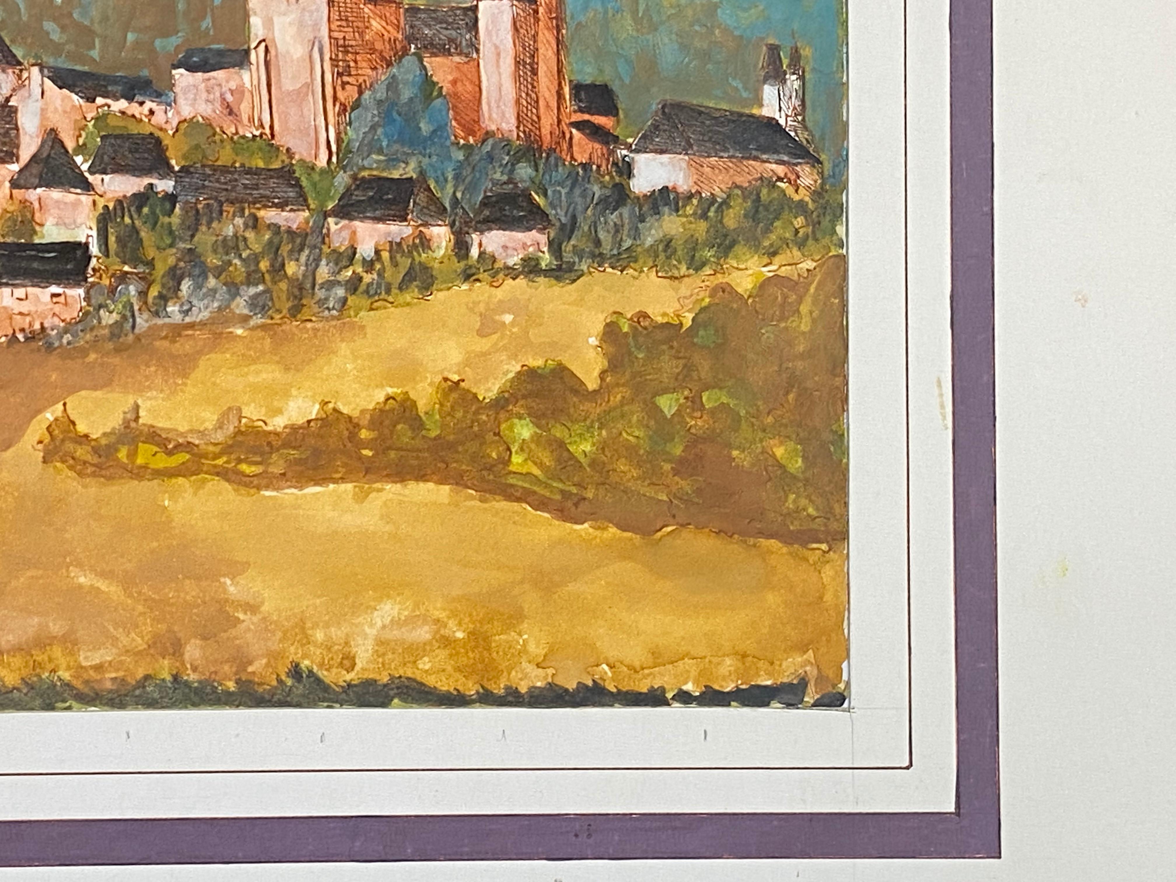 Französisches modernistisches/ kubistisches Gemälde der 1950er Jahre – bunte französische Stadtlandschaft (Grau), Landscape Art, von Bernard Labbe