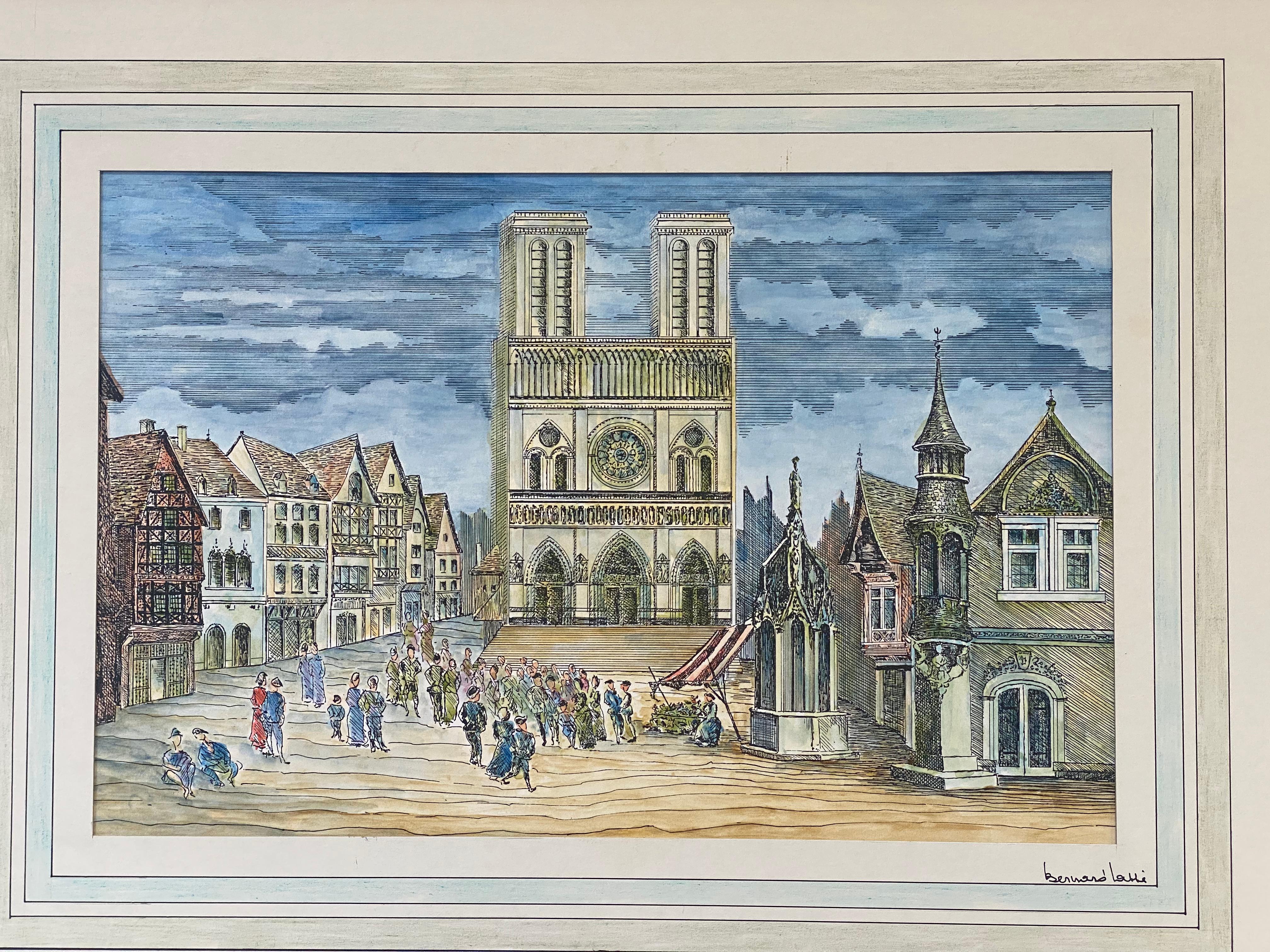 1950's French Modernist/ Cubist Painting - Detailed French Town Square - Art by Bernard Labbe