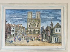 1950's French Modernist/ Cubist Painting - Detailed French Town Square