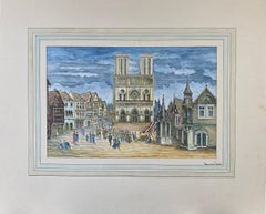 1950's French Modernist/ Cubist Painting - Detailed French Town Square