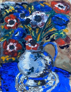 Peinture moderniste/ cubiste française abstraite à fleurs des années 1950