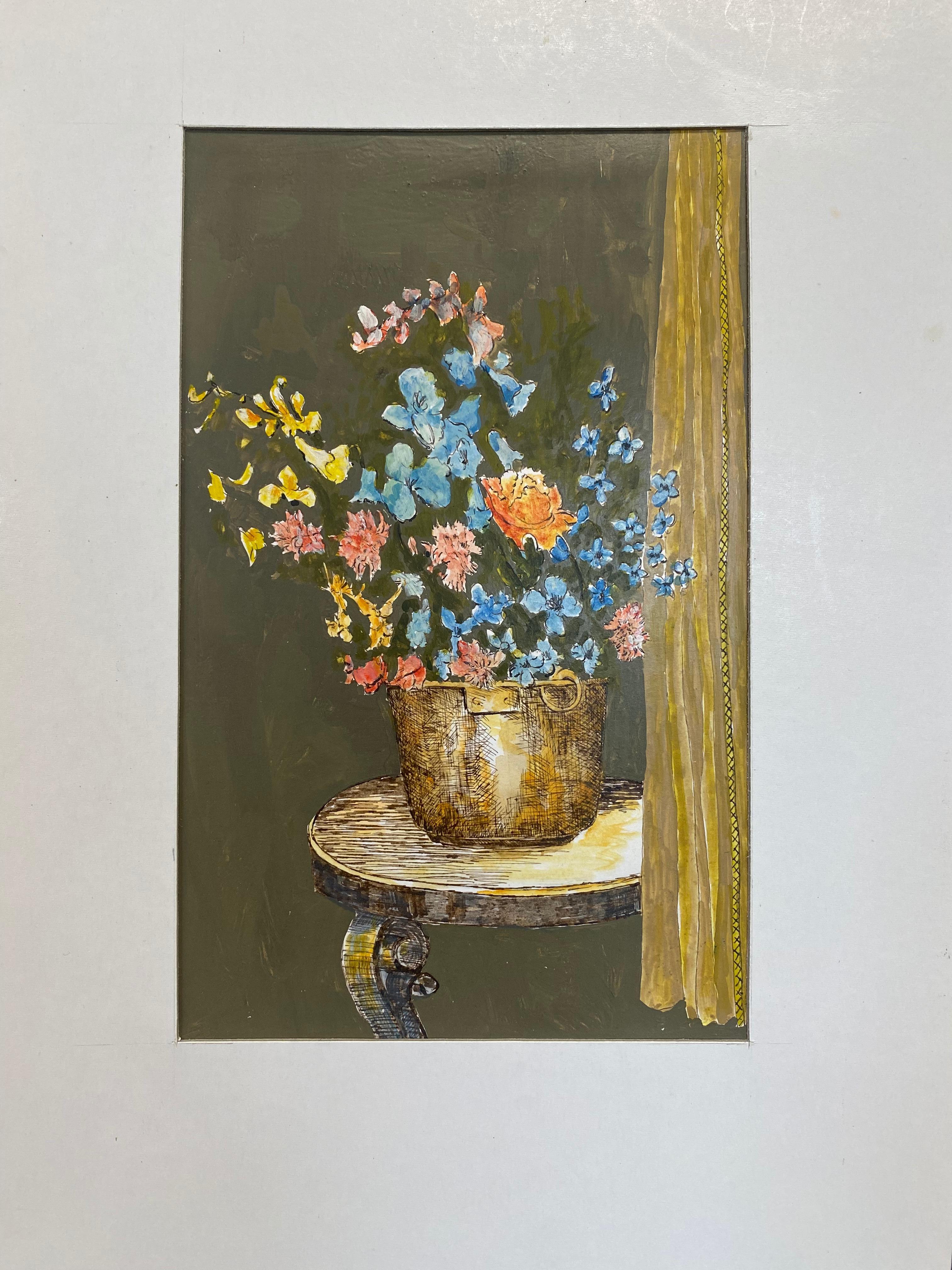 Französische Moderne/ kubistische Gemälde der 1950er Jahre – Innenszene einer Blumenblume – Painting von Bernard Labbe