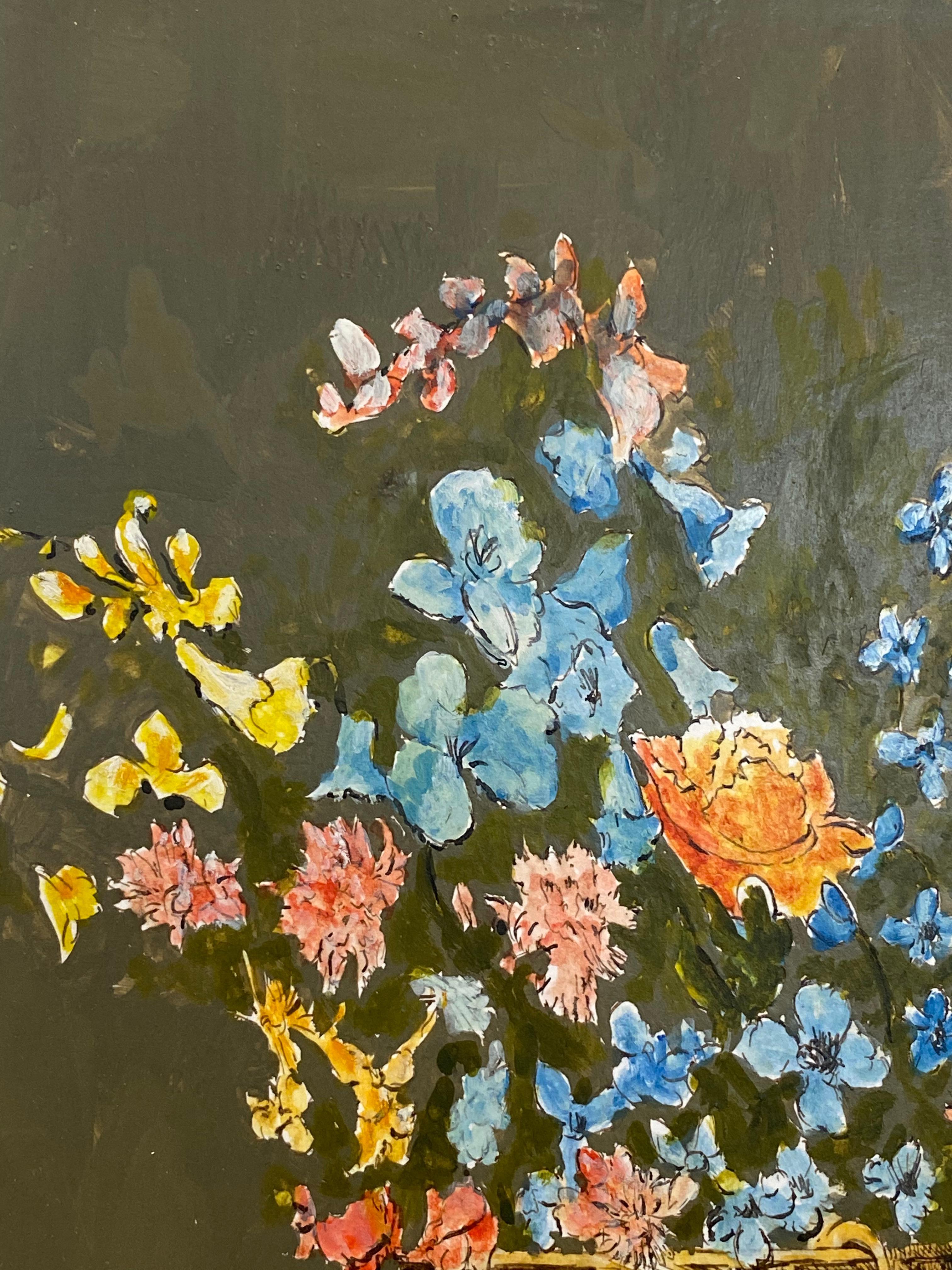 Französische Moderne/ kubistische Gemälde der 1950er Jahre – Innenszene einer Blumenblume (Braun), Landscape Painting, von Bernard Labbe