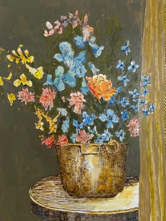 1950's French Modernist/ Cubist Painting - Flower Interior Scene