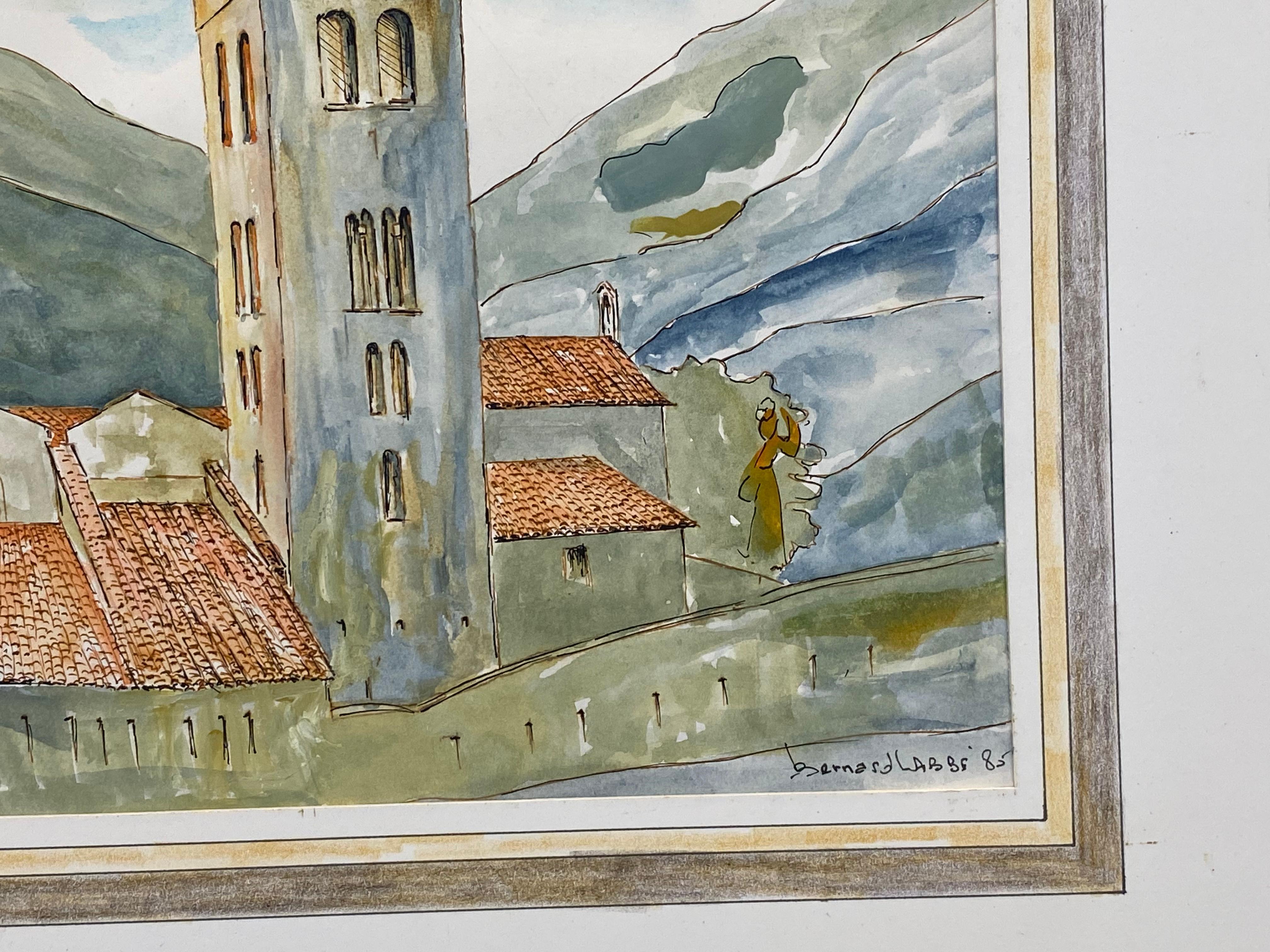 Französische Moderne/kubistisches Gemälde aus den 1950er Jahren - French Town's Church – Painting von Bernard Labbe