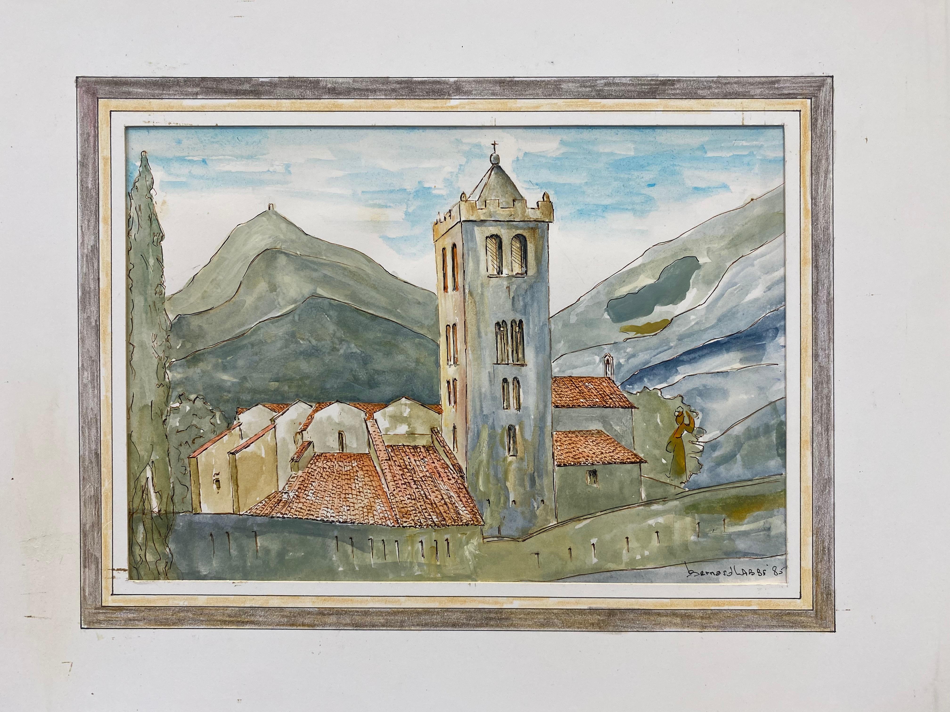 1950's French Modernist/ Cubist Painting - French Town Church For Sale 2