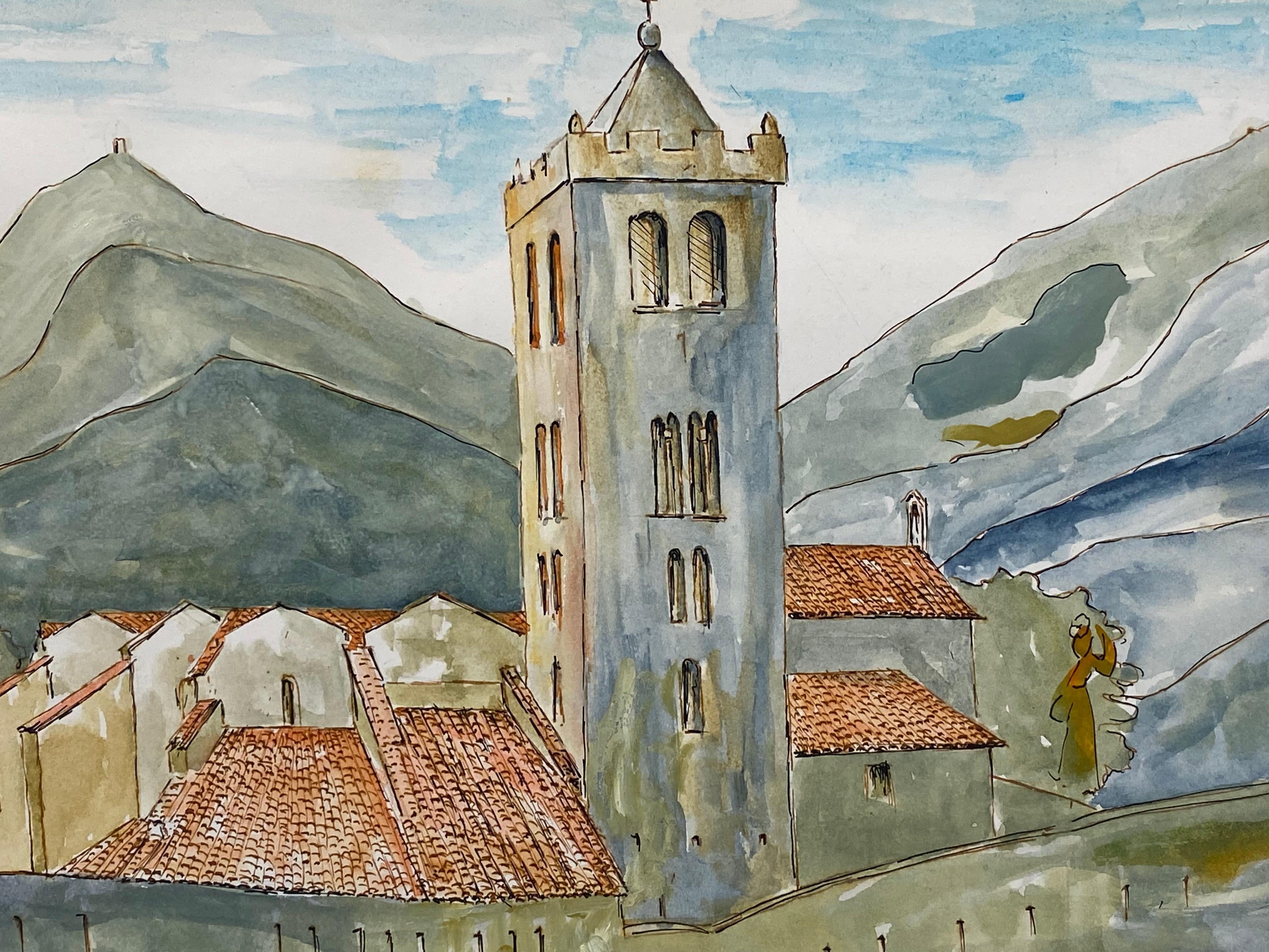 Landscape Painting di Bernard Labbe - Quadro cubista/modernista francese degli anni '50 - Chiesa della città francese