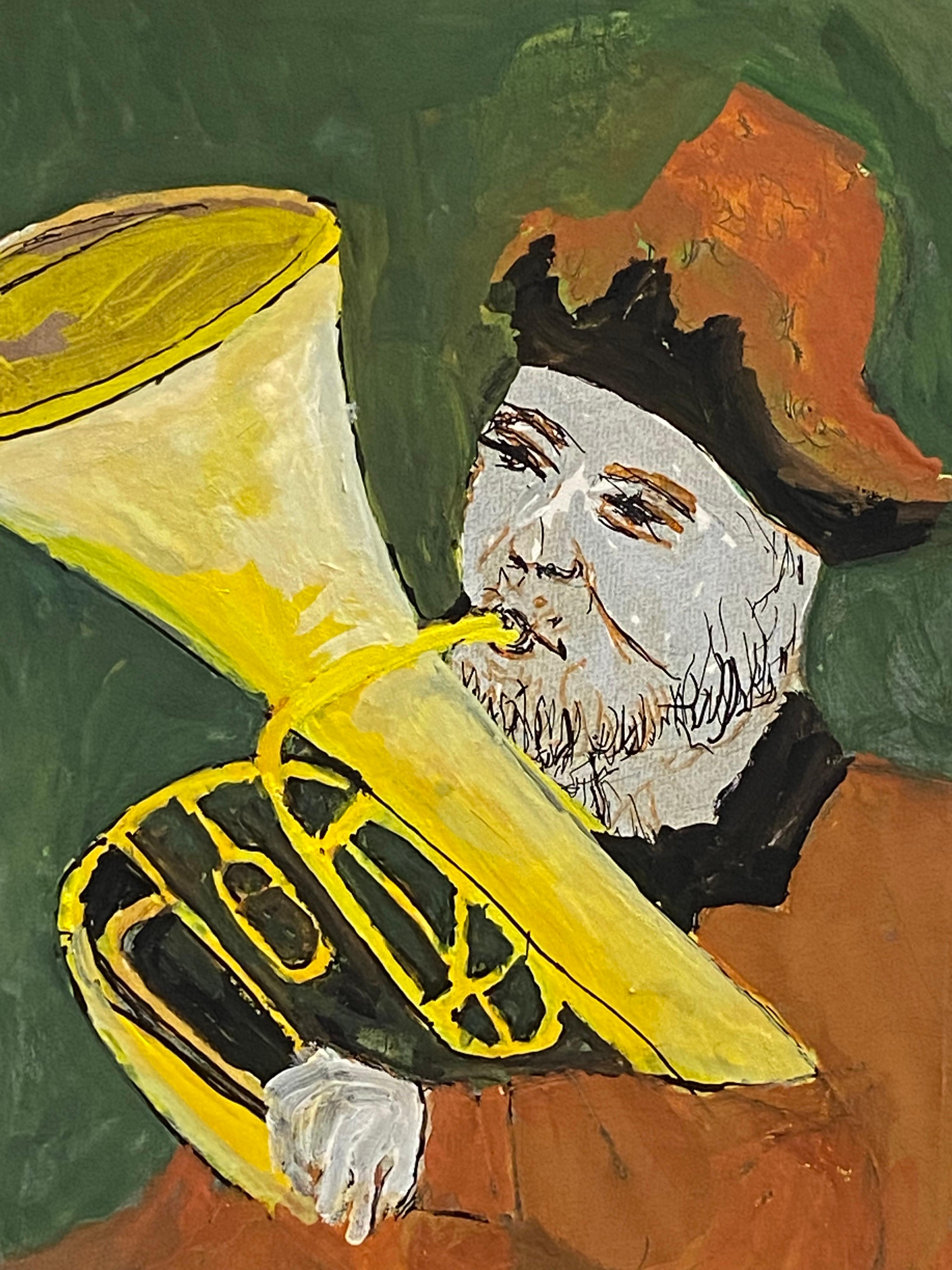 Bernard Labbe Portrait Painting - 1950's French Modernist/ Cubist Painting - Man Playing Tuba 
