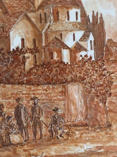 Peinture moderniste/ cubiste française des années 1950 - Paysage français orange