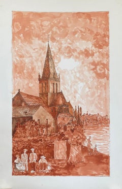 1950's French Modernist/ Cubist Painting - Red French Landscape