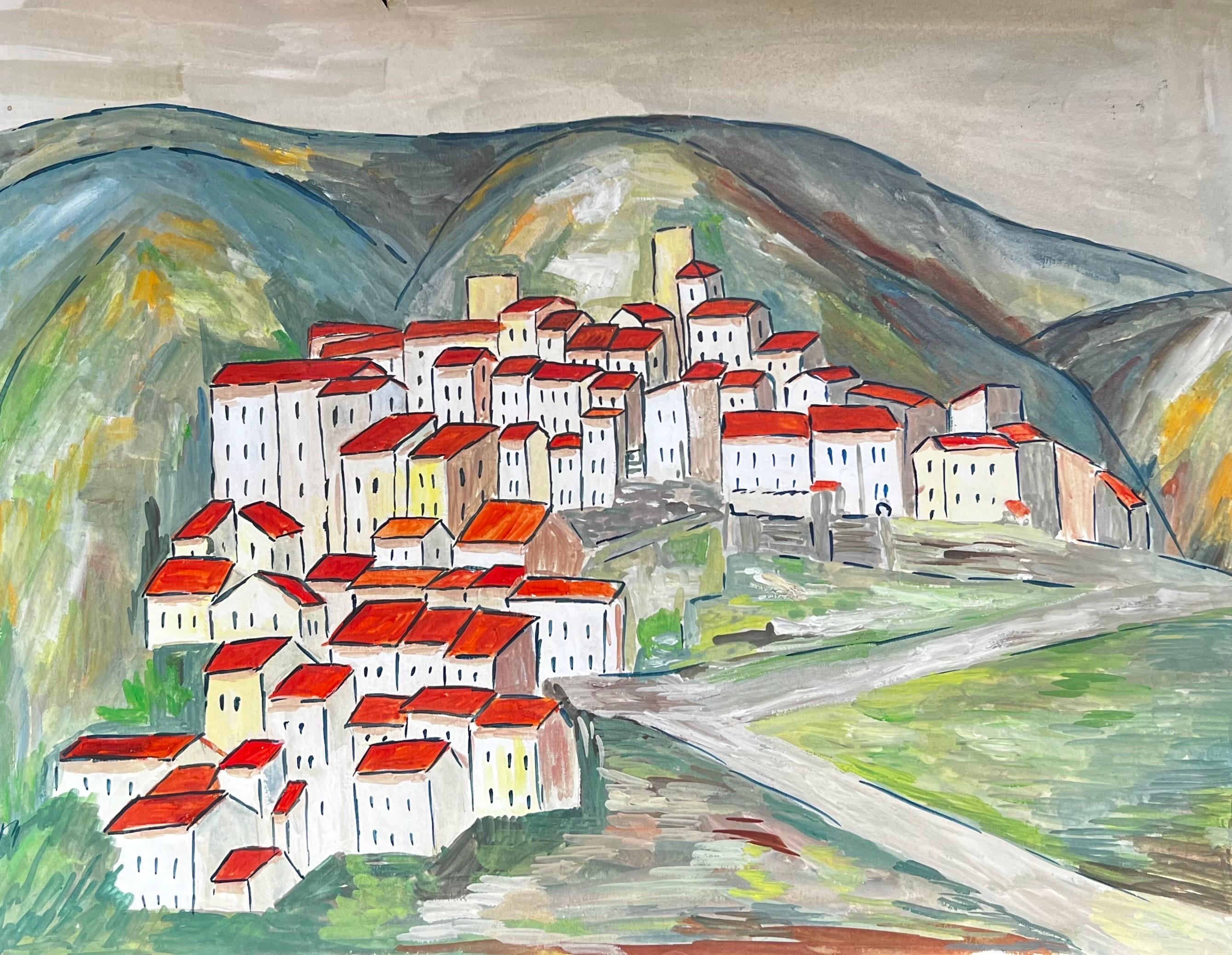 1950's French Modernist/ Cubist Painting - Red roof village