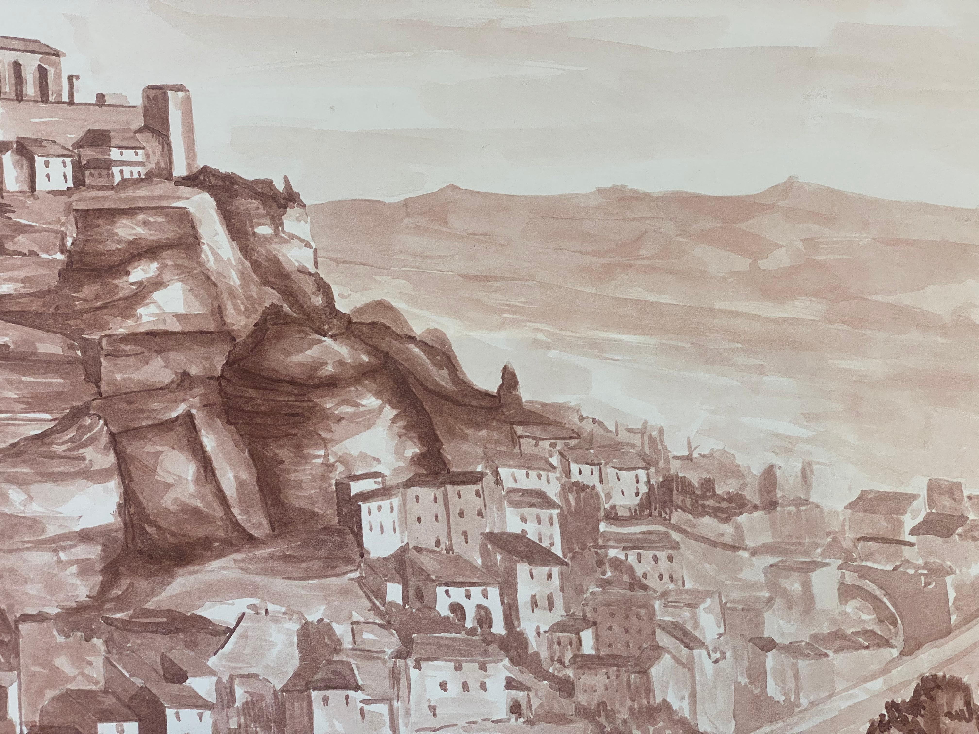 1950er Jahre Französisch Modernist / kubistische Malerei - Sepia Provence Landschaft – Painting von Bernard Labbe