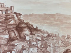 1950's French Modernist/ Cubist Painting - Sepia Provence Landscape