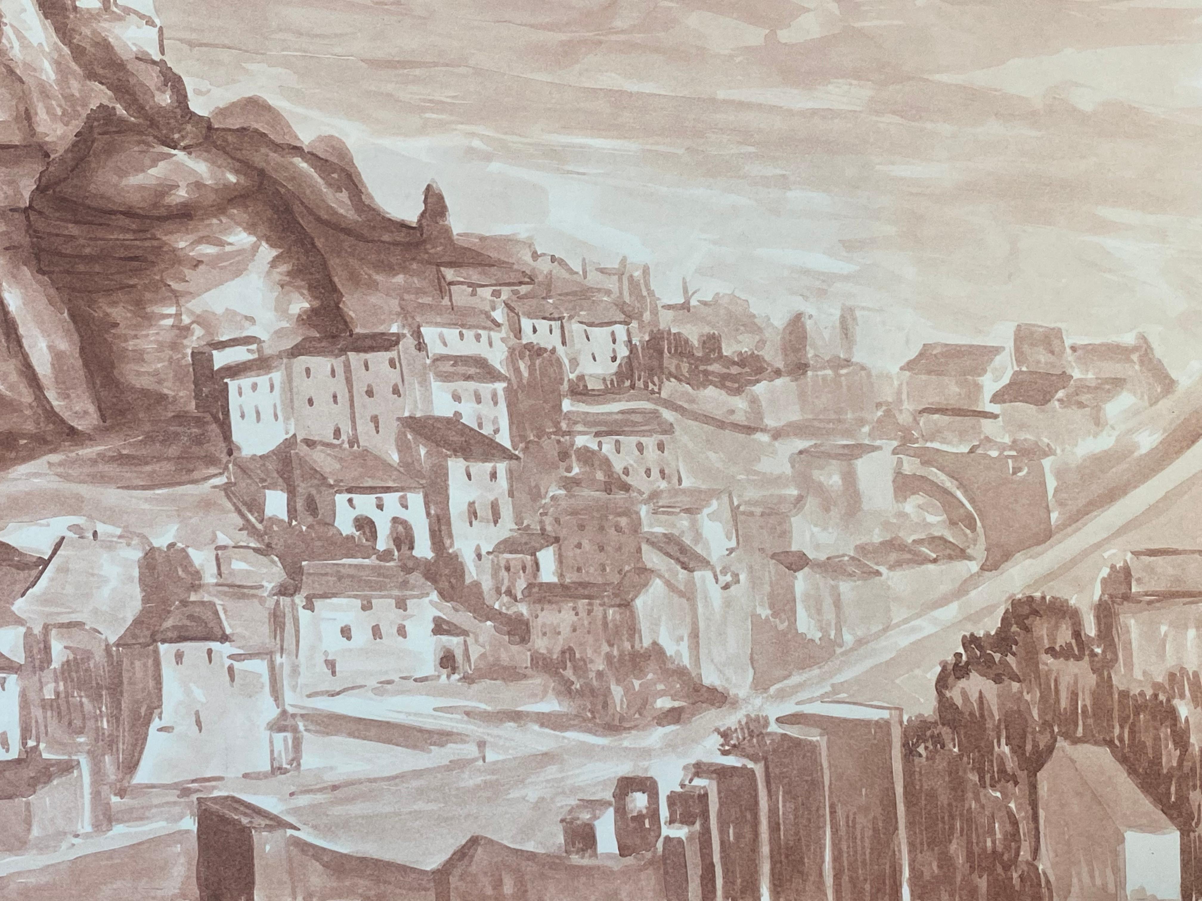 1950's French Modernist/ Cubist Painting - Sepia Provence Landscape For Sale 2