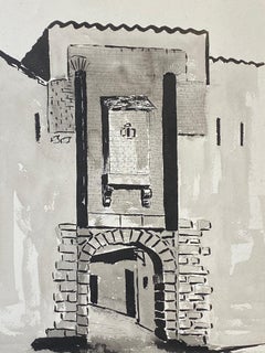 Französisches modernistisches/ kubistisches Gemälde aus den 1950er Jahren, signiert – Schwarz-Weißer französischer Bogengang