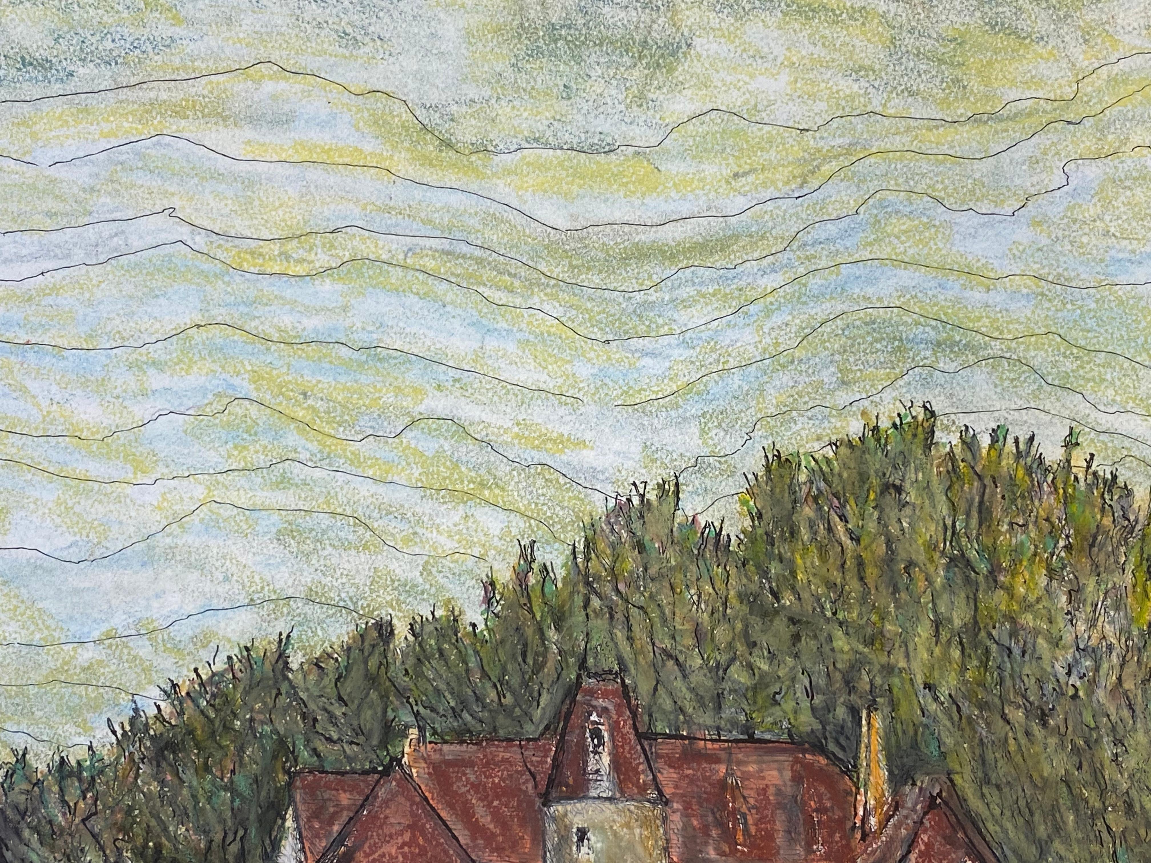 1950's Französisch Modernist / Kubist Gemälde unterzeichnet Französisch Chateau  (Braun), Landscape Art, von Bernard Labbe