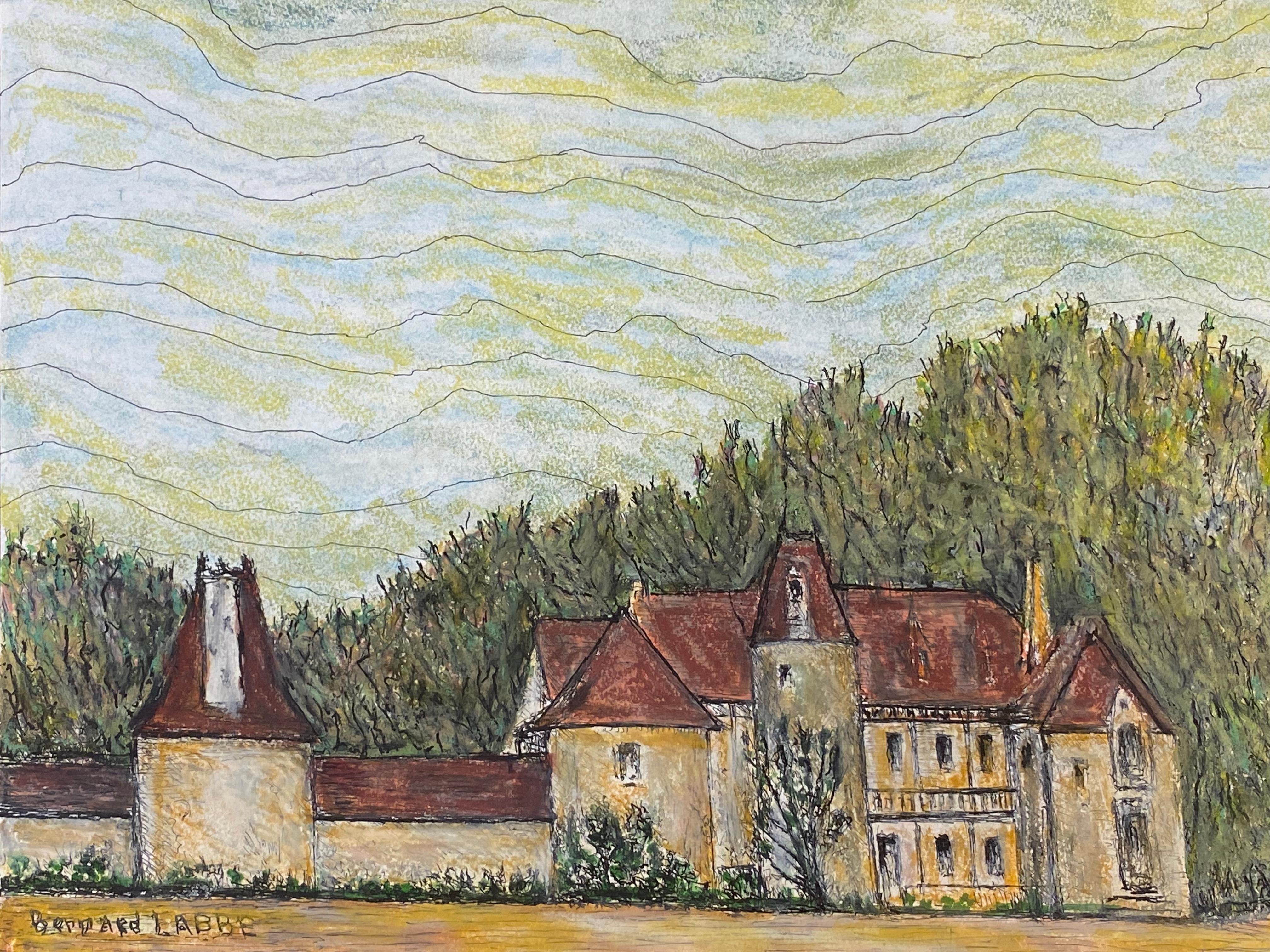 Bernard Labbe Landscape Art – 1950's Französisch Modernist / Kubist Gemälde unterzeichnet Französisch Chateau 