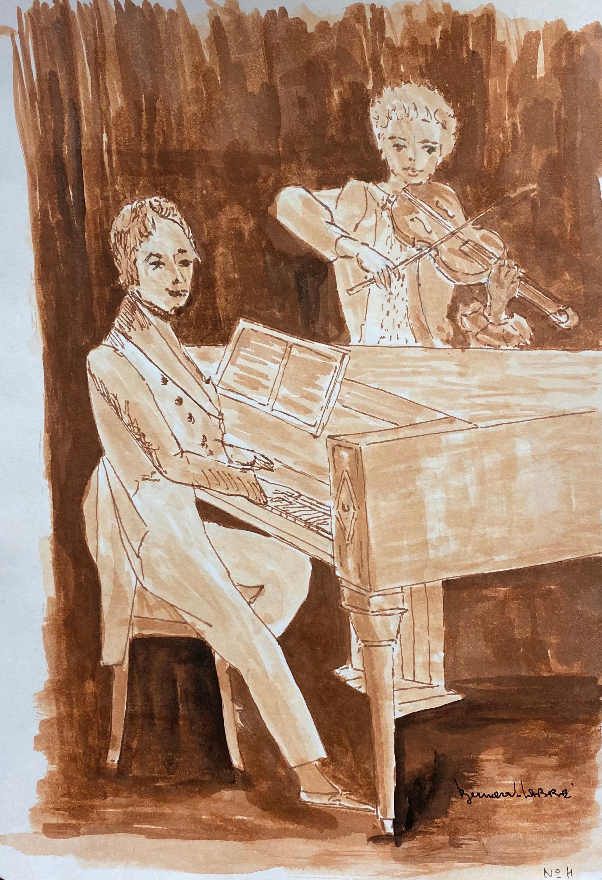 1950's French Modernist/ Cubist Painting signed - Pianist & Violin Duet - Art by Bernard Labbe