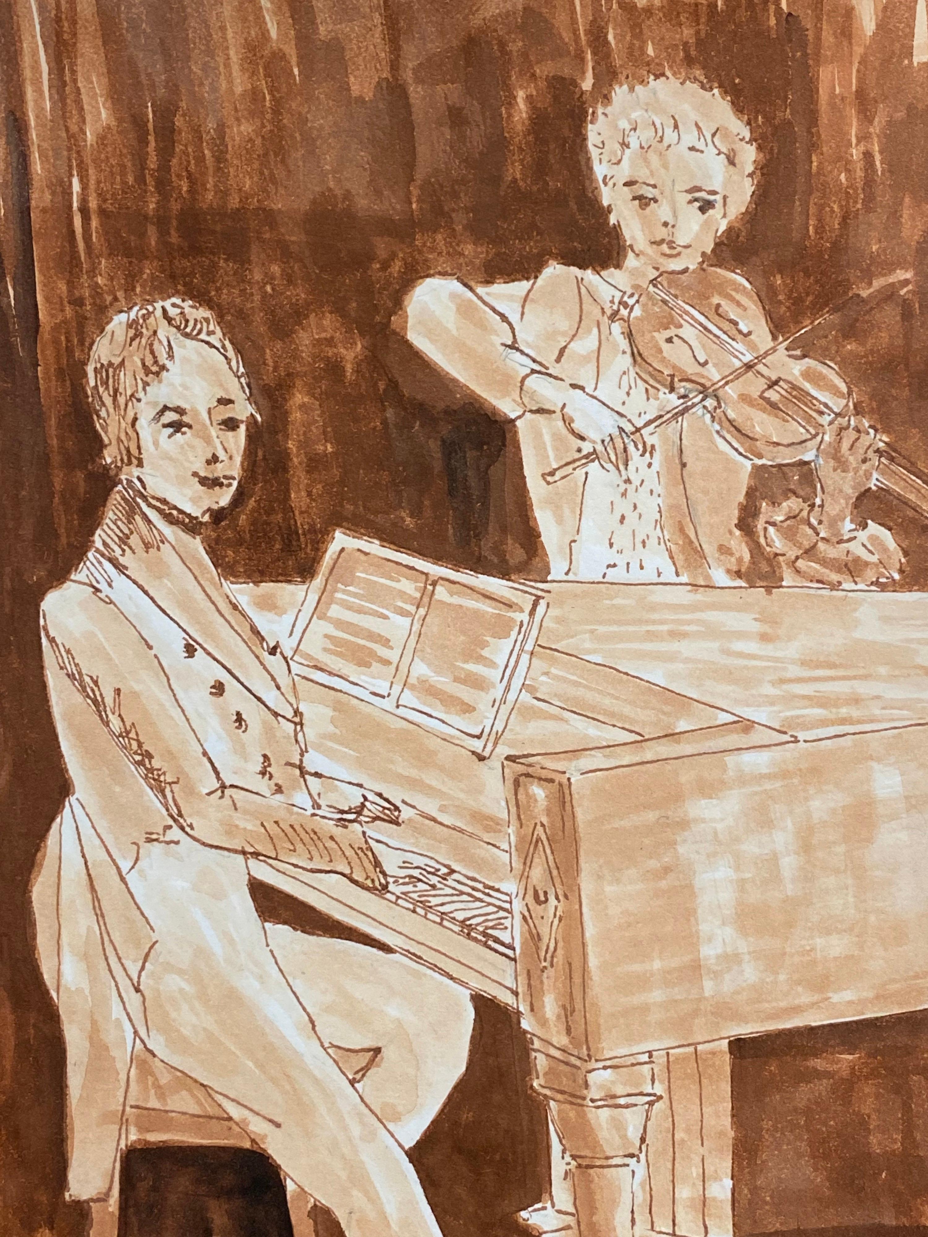 Das Duett von Pianist und Violine
von Bernard Labbe (Französisch, Mitte 20. Jahrhundert)
signiertes Original-Aquarell/ Gouache auf Papier, ungerahmt
größe: 11,75 x 8,75 Zoll
zustand: sehr gut und genussbereit. 

provenienz: Atelier des Künstlers,