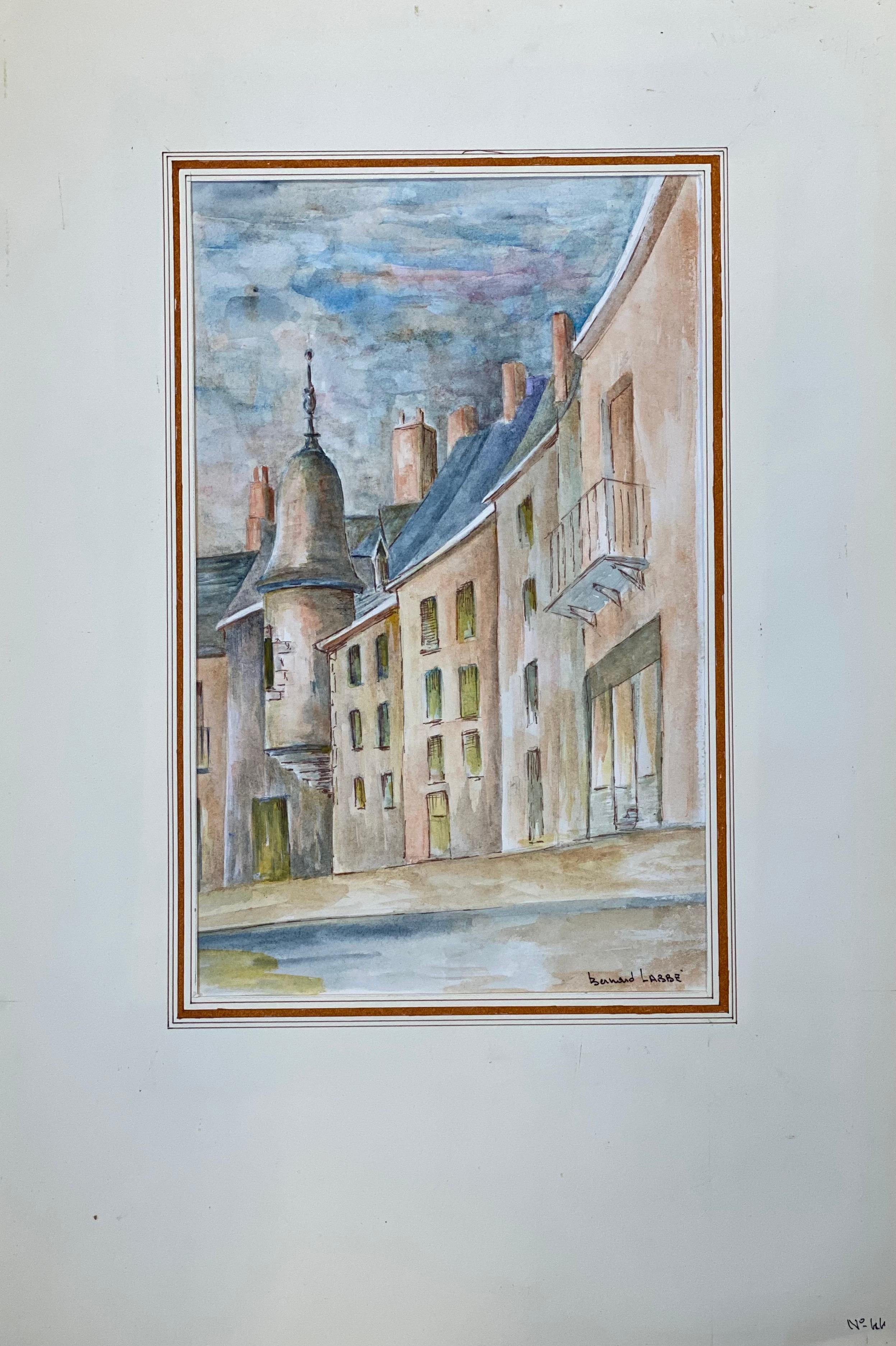 Bernard Labbe Landscape Painting - 1950's French Modernist/ Cubist Painting signed - Tall French Buildings