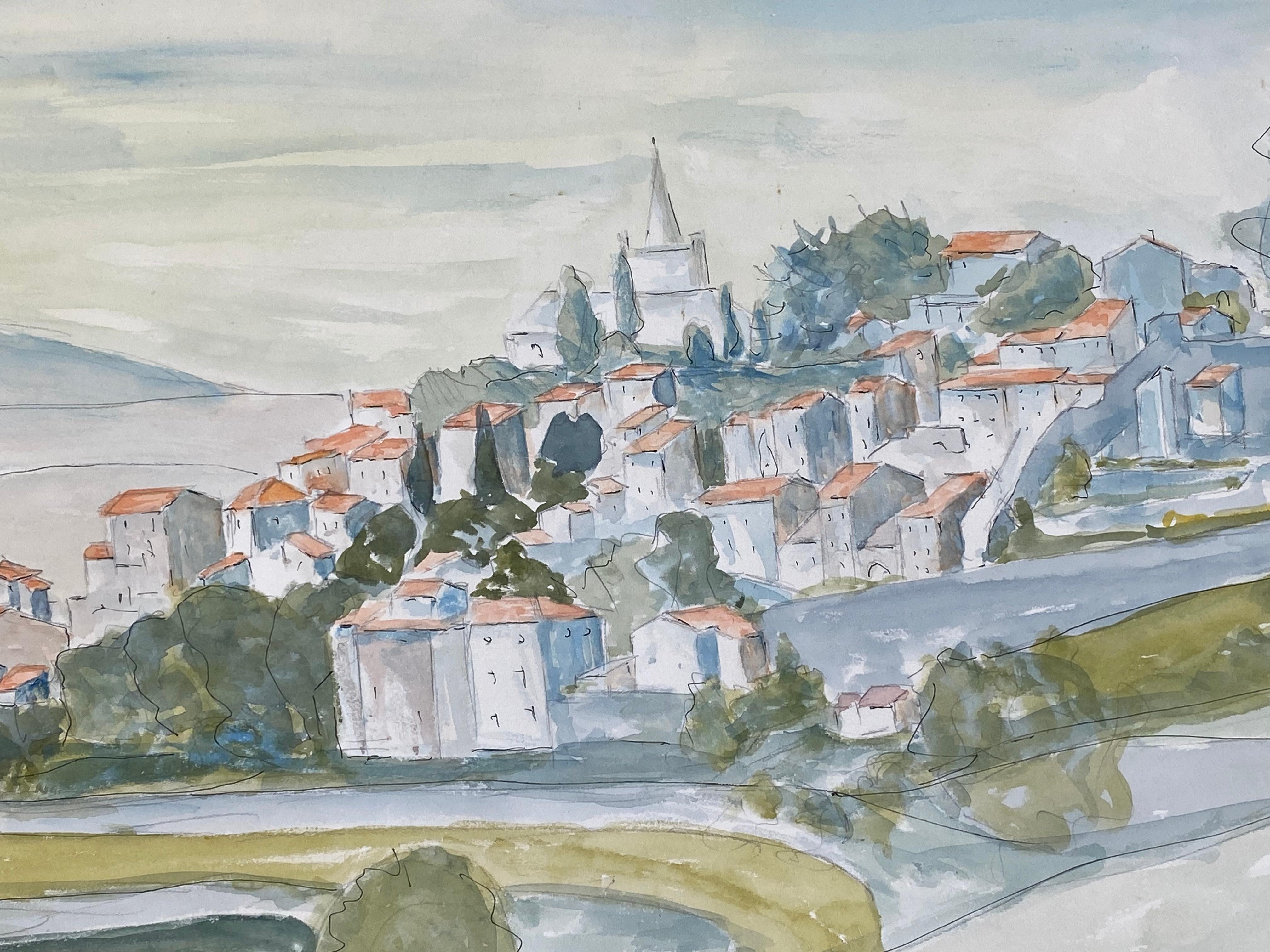 Pintura modernista/cubista francesa de los años 50 - Suave paisaje francés - Painting de Bernard Labbe