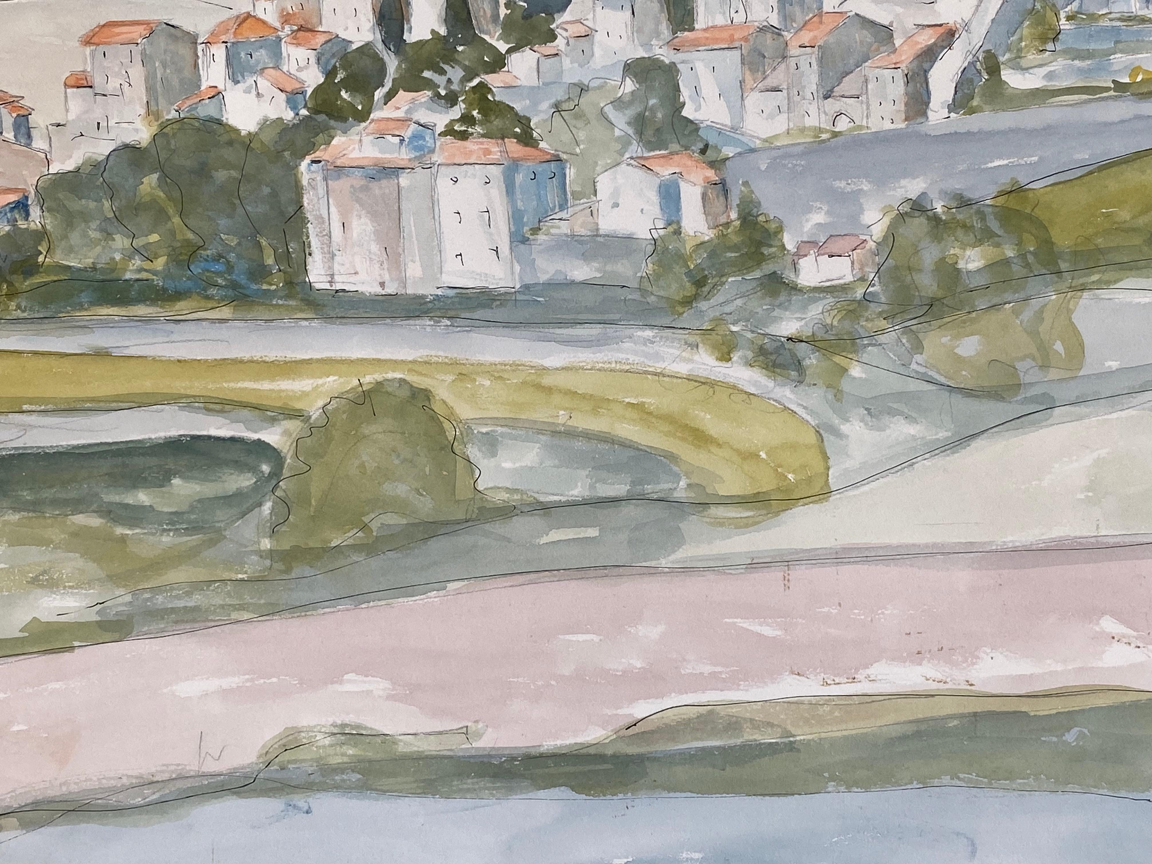 Französische Moderne/ kubistische Gemälde der 1950er Jahre – weiche französische Landschaft (Grau), Landscape Painting, von Bernard Labbe