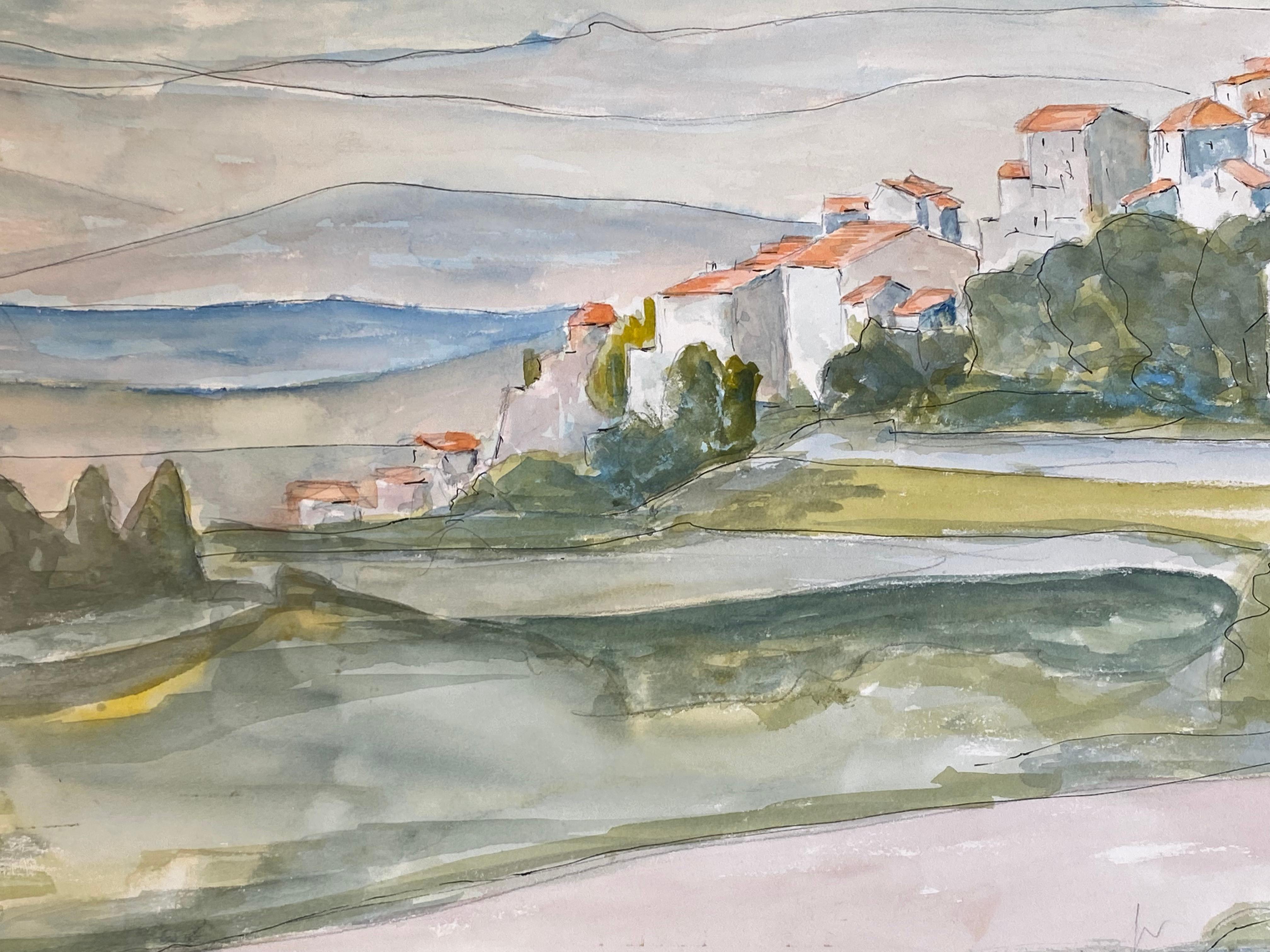 Pintura modernista/cubista francesa de los años 50 - Suave paisaje francés - Landscape Painting Gris de Bernard Labbe