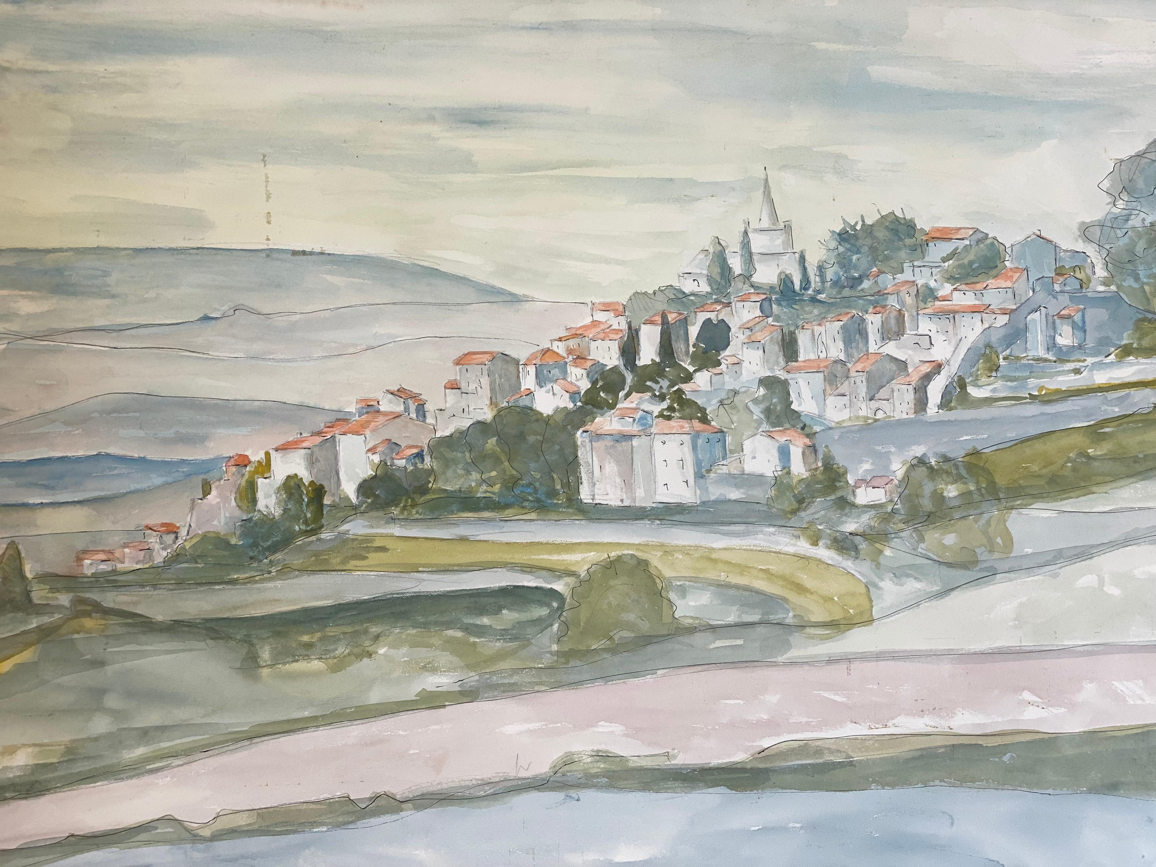 Bernard Labbe Landscape Painting – Französische Moderne/ kubistische Gemälde der 1950er Jahre – weiche französische Landschaft
