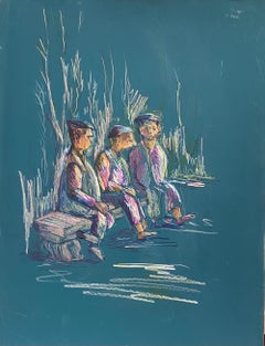 1950's French Modernist/ Cubist Painting - Three Figures On Bench Scene