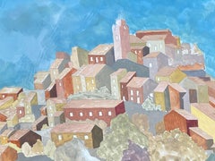 Pintura modernista/cubista francesa de los años 50 - Tranquilo paisaje francés