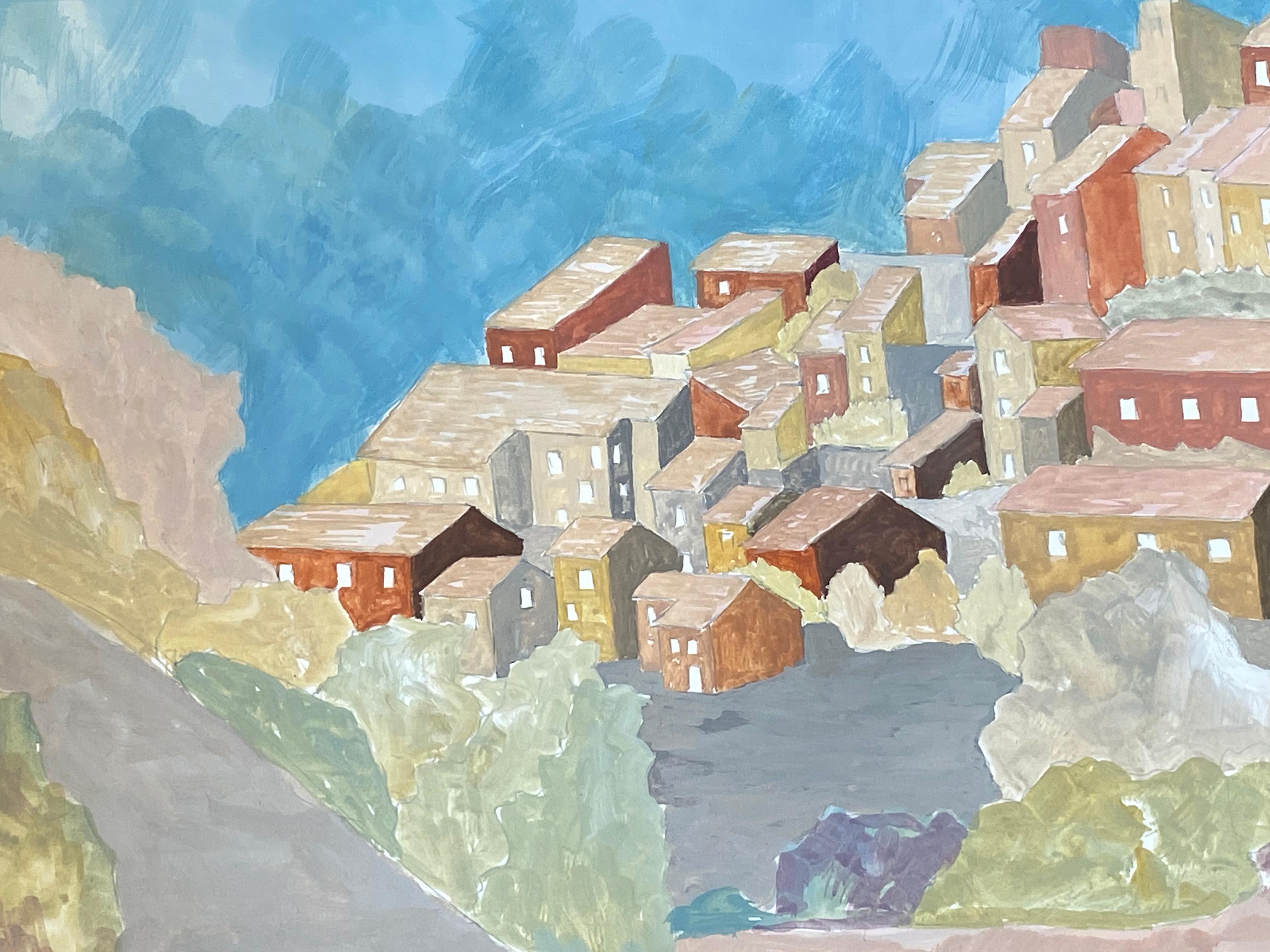 Pittura francese modernista/cubista degli anni '50 - Tranquillo paesaggio francese - Painting Moderno di Bernard Labbe