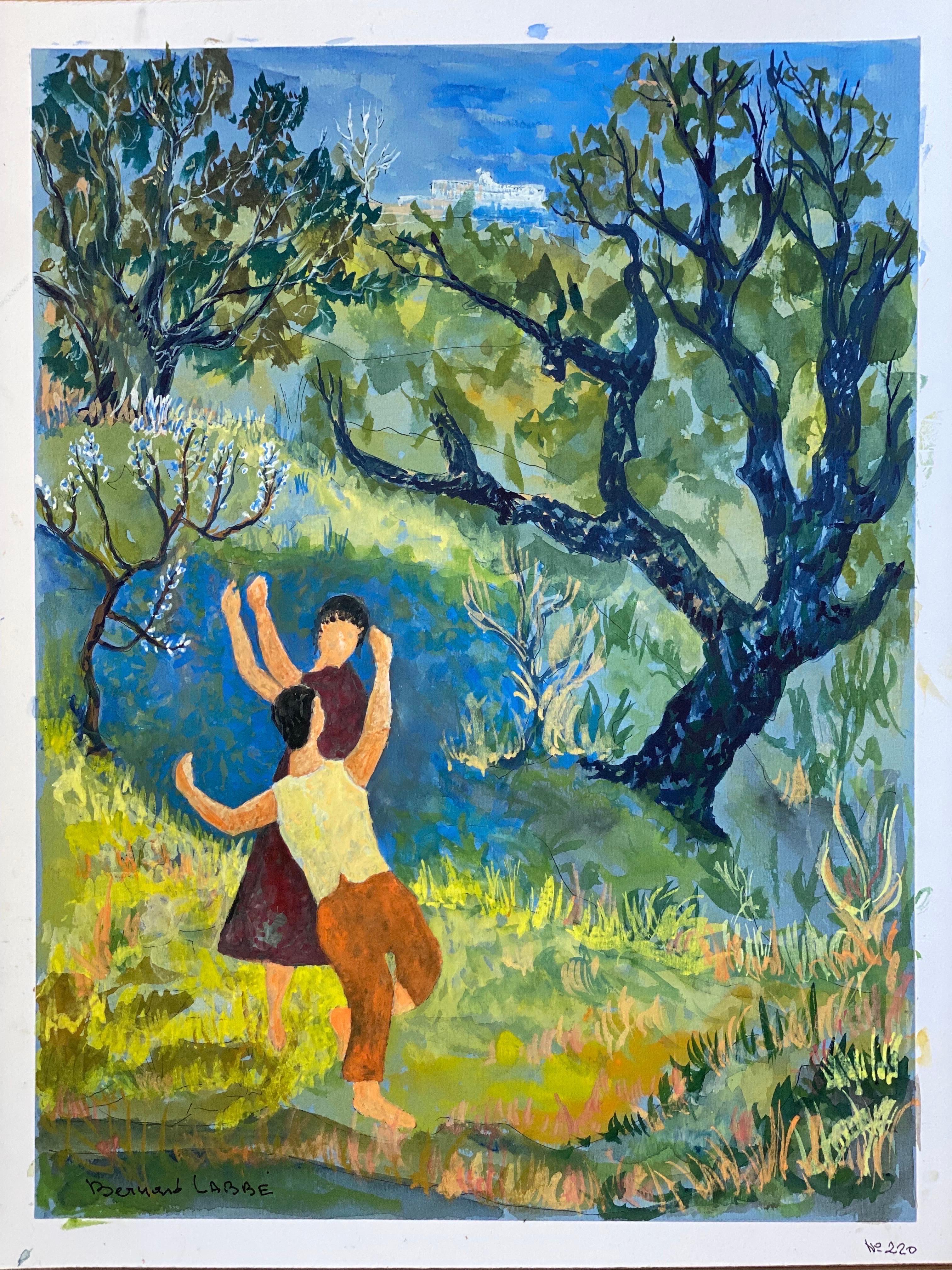 1950's French Modernist/ Cubist Painting-Two Figures Dancing In French Landscape - Art by Bernard Labbe