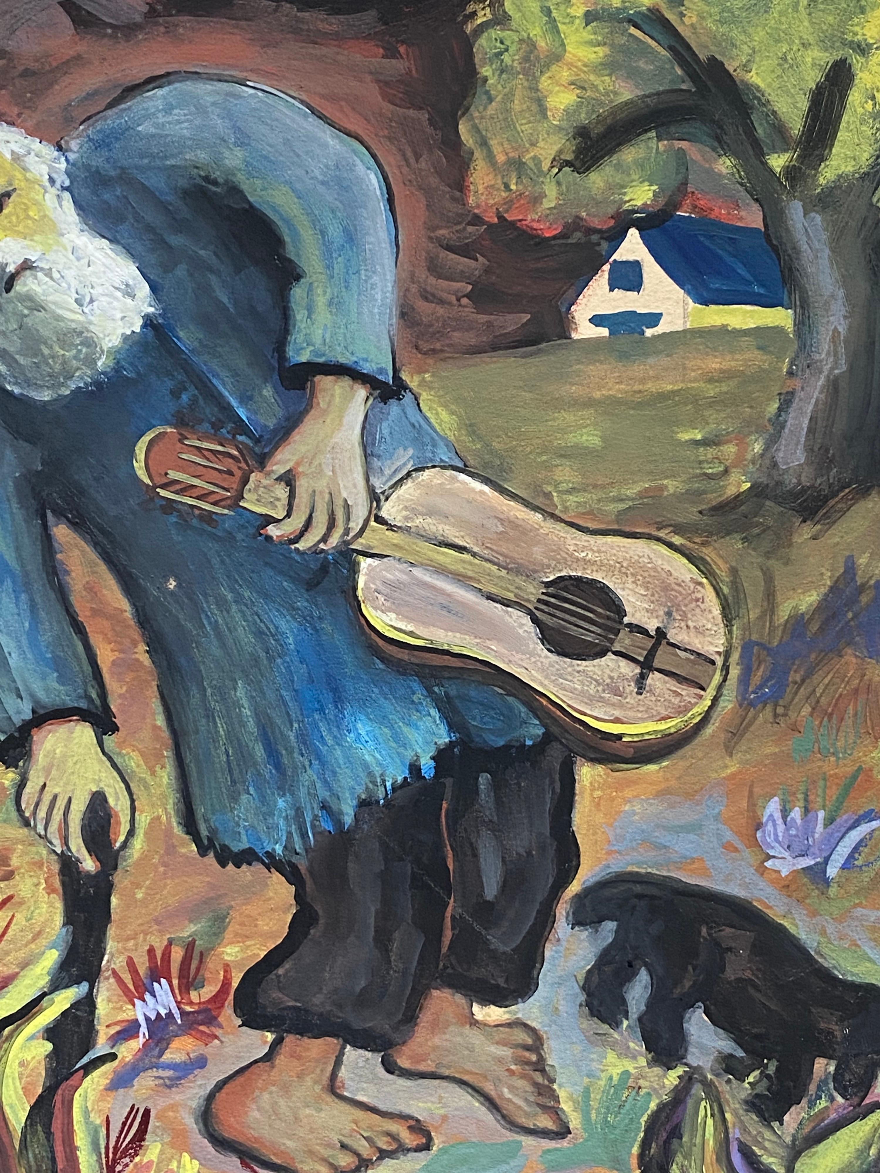 1950's French Modernist/ Cubist Painting- Wavy Landscape Of A Man & His Guitar   - Gray Figurative Painting by Bernard Labbe