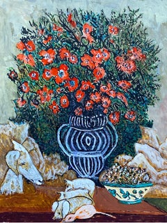 1950's French Modernist/ Cubist Signed Painting - Vibrant Red Flowers In Vase