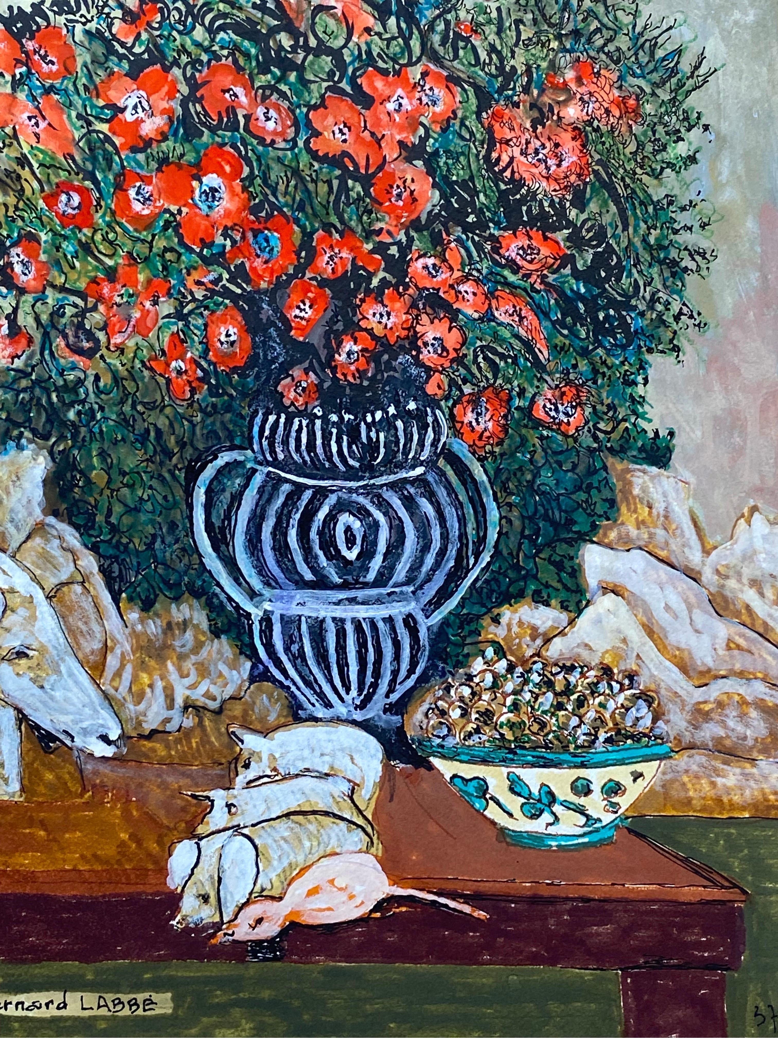 Französisches modernistisches/ kubistisches signiertes Gemälde aus den 1950er Jahren – lebhafte rote Blumen in Vase (Moderne), Painting, von Bernard Labbe