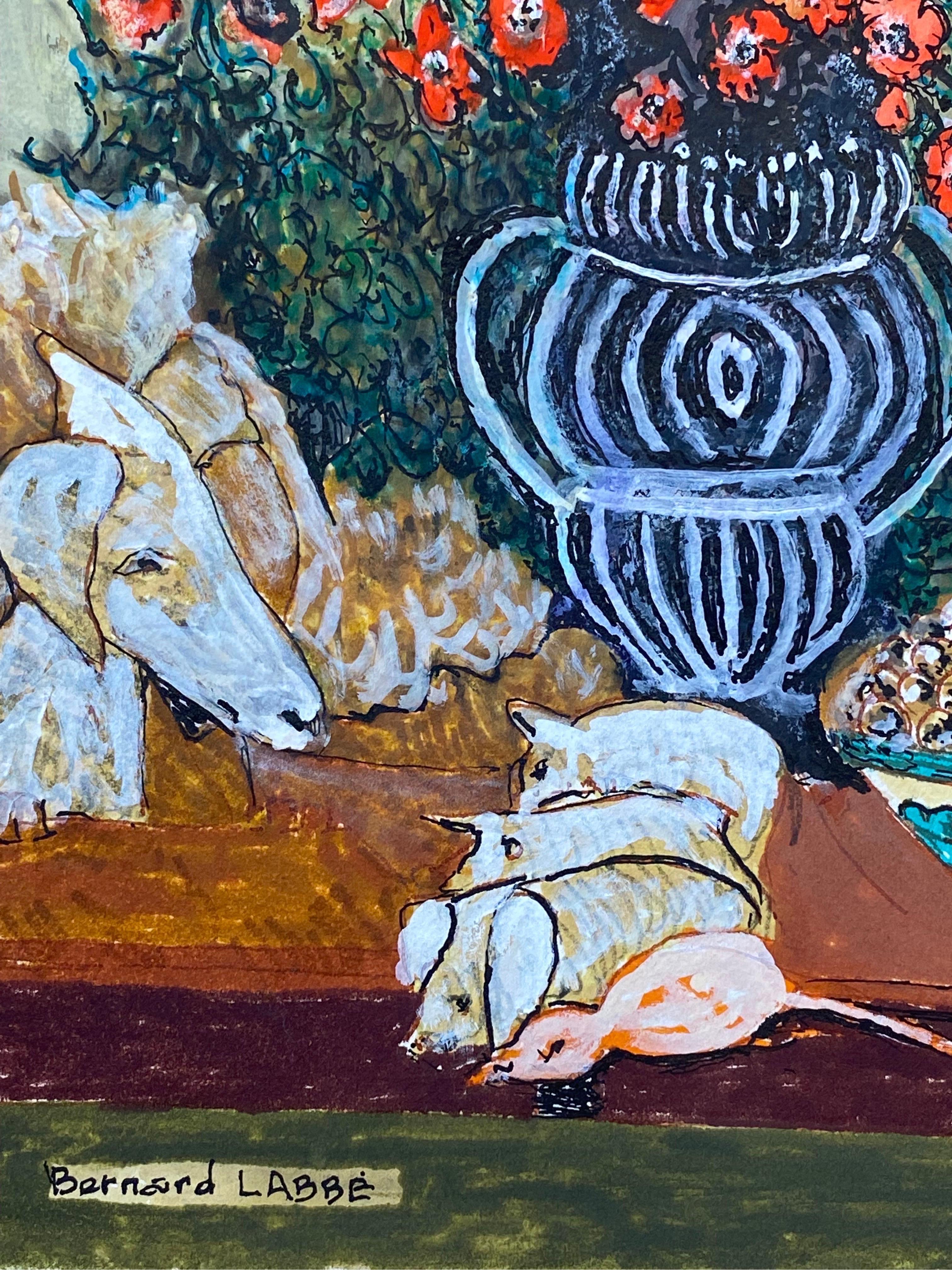 Französisches modernistisches/ kubistisches signiertes Gemälde aus den 1950er Jahren – lebhafte rote Blumen in Vase (Grau), Landscape Painting, von Bernard Labbe