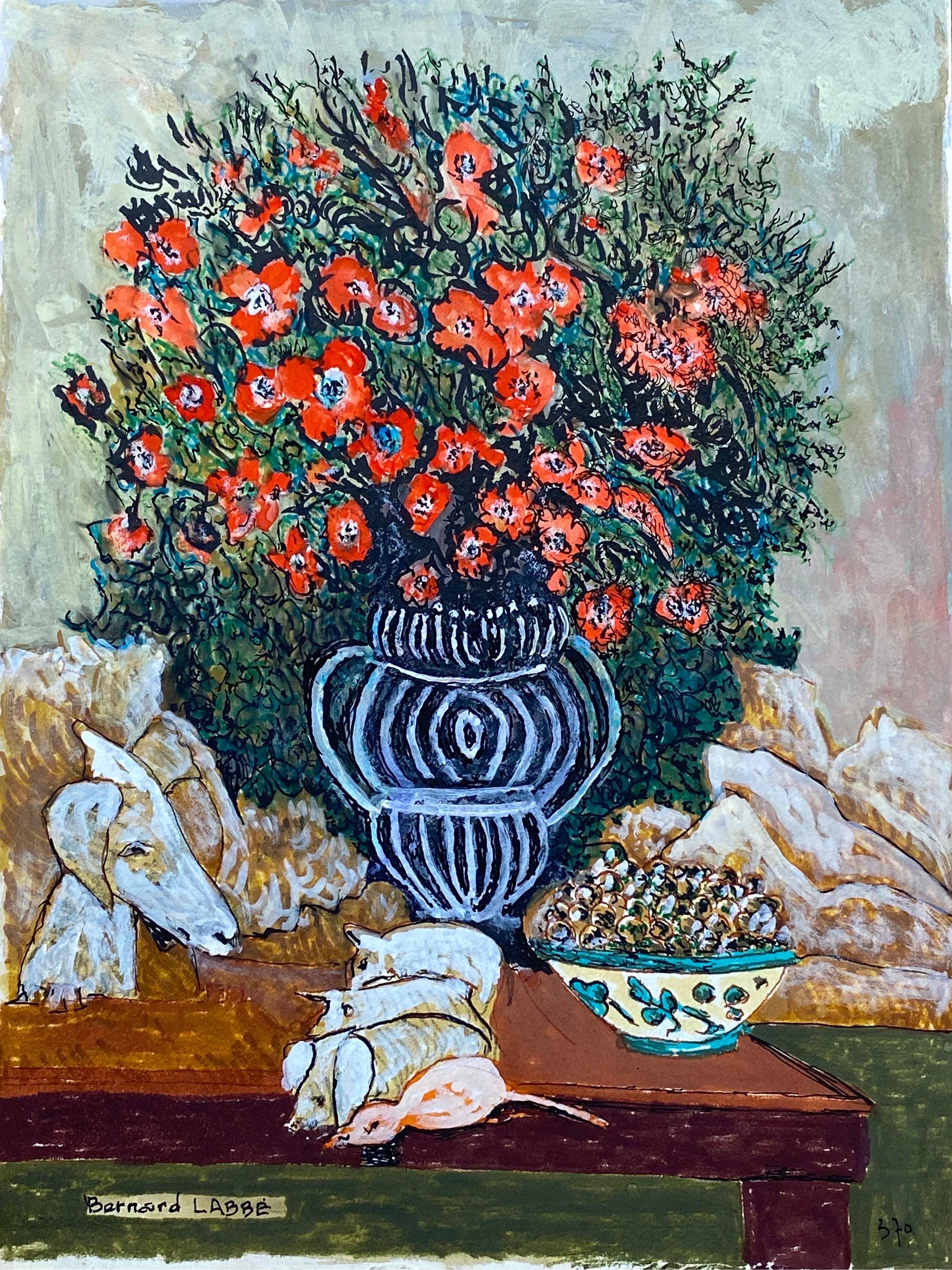 Bernard Labbe Landscape Painting – Französisches modernistisches/ kubistisches signiertes Gemälde aus den 1950er Jahren – lebhafte rote Blumen in Vase