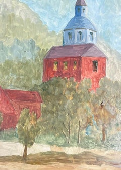 1950's French Modernist Oil Painting Red Church Towers In Tree Landscape