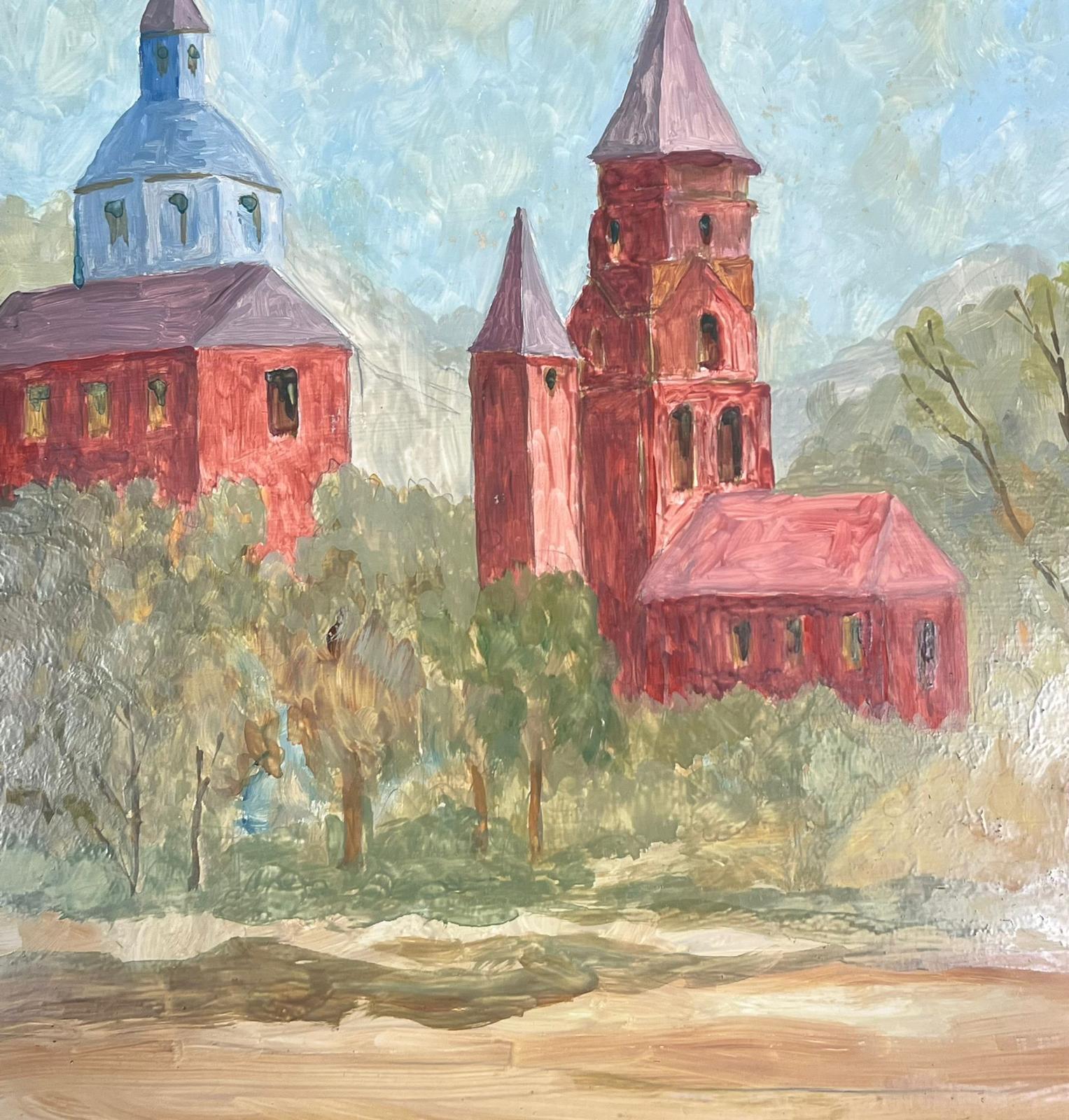 1950's French Modernist Oil Painting Red Church Towers In Tree Landscape For Sale 1