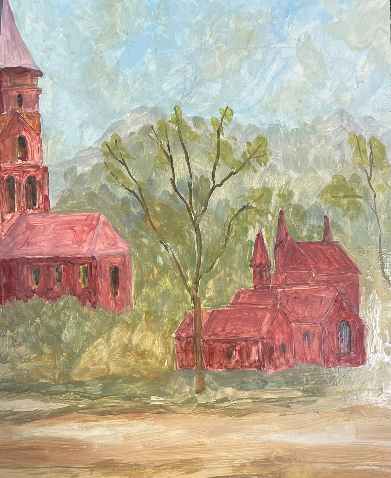 1950's French Modernist Oil Painting Red Church Towers In Tree Landscape For Sale 2
