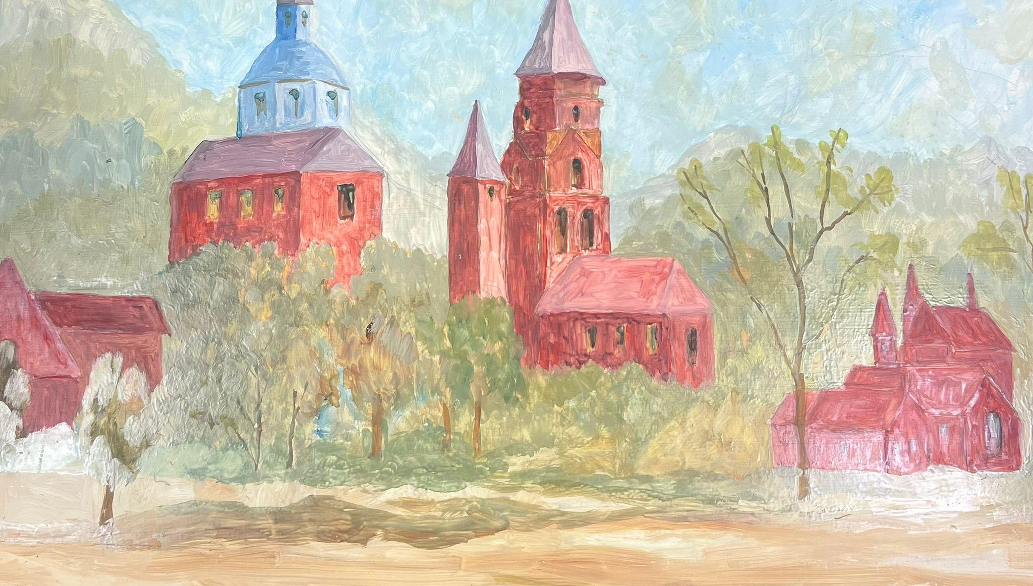1950's French Modernist Oil Painting Red Church Towers In Tree Landscape For Sale 3